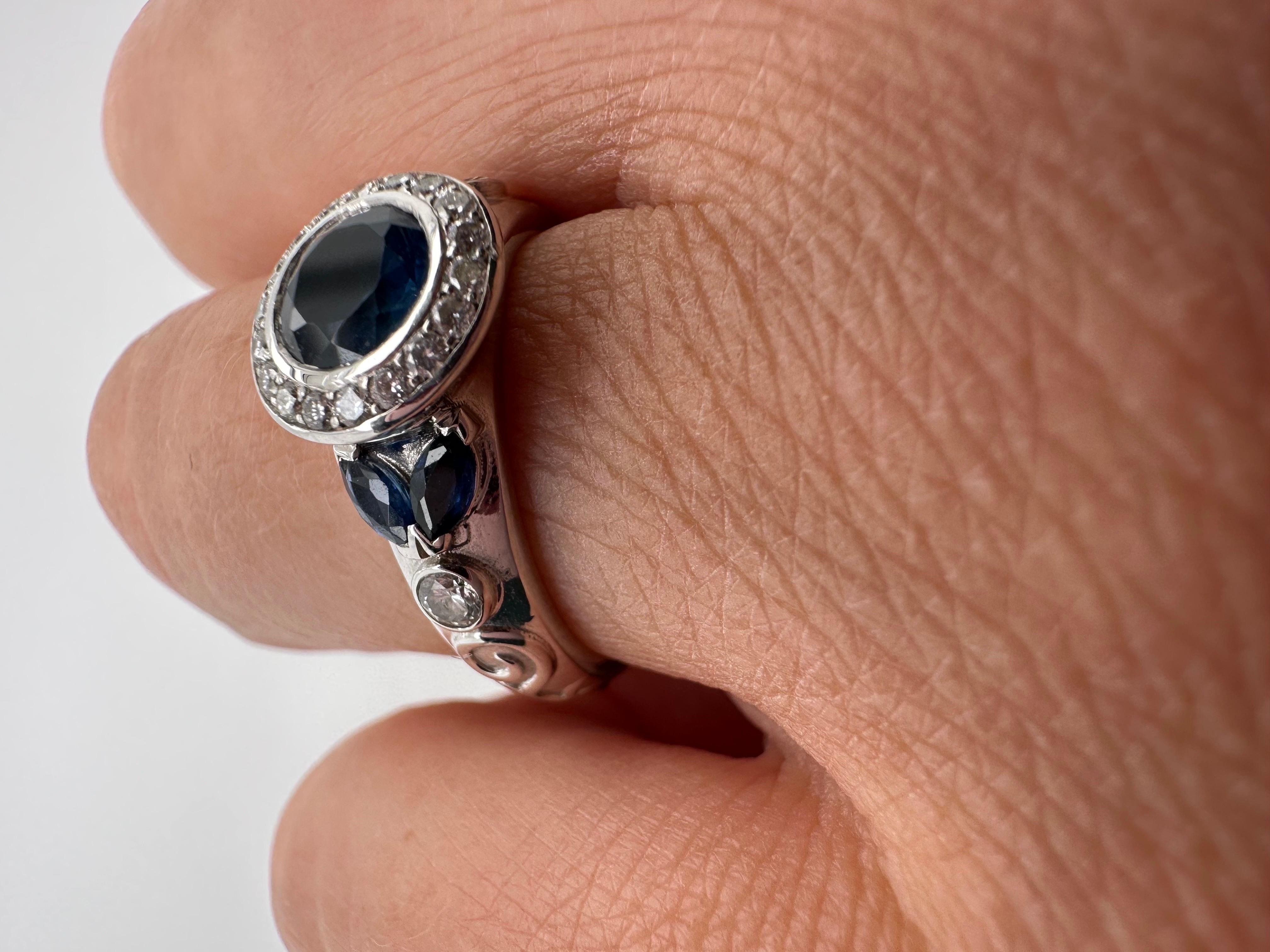 Round Cut Blue sapphire & Diamond ring 18KT white gold hand finish engagement ring For Sale