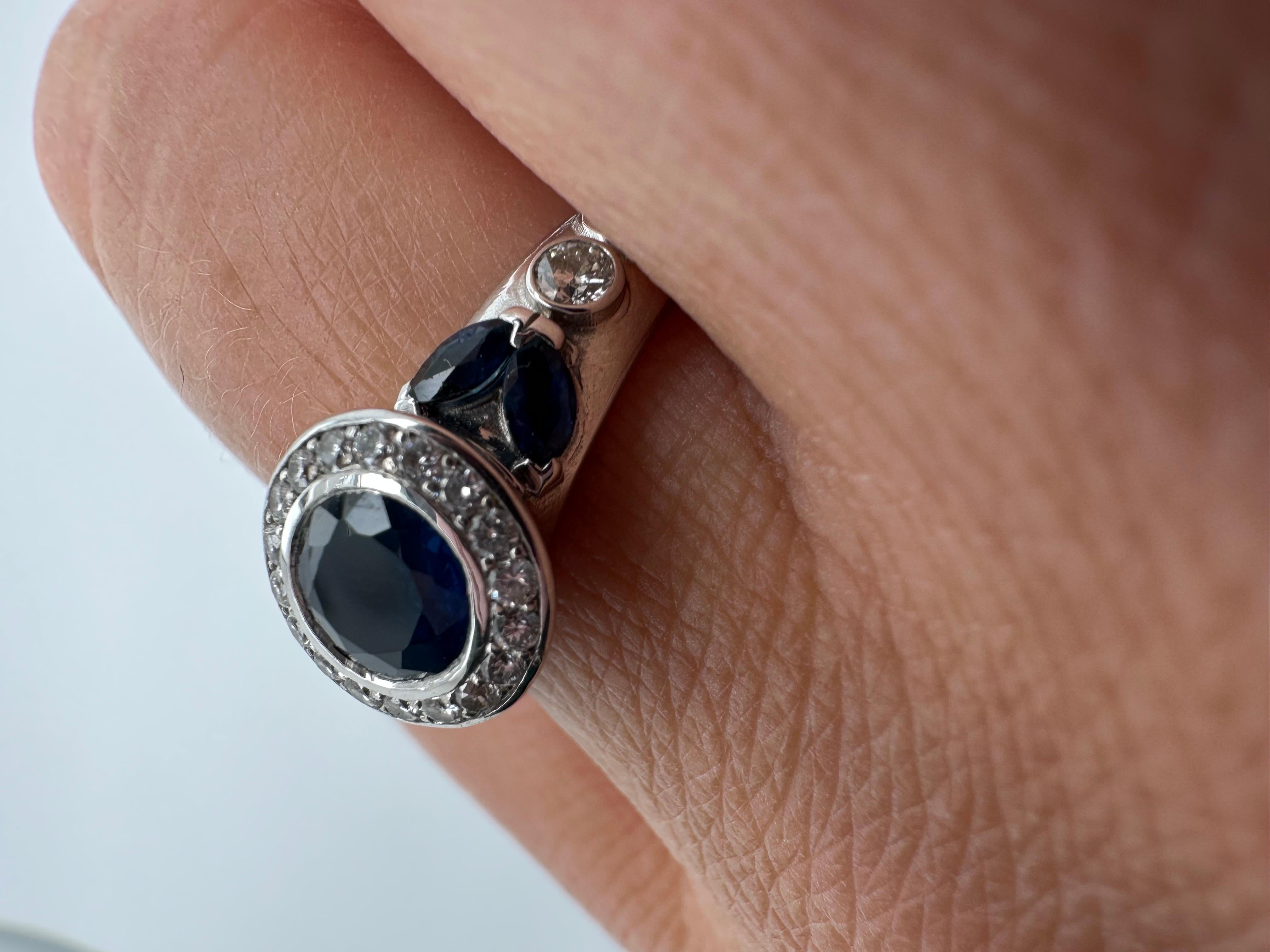Blue sapphire & Diamond ring 18KT white gold hand finish engagement ring For Sale 1