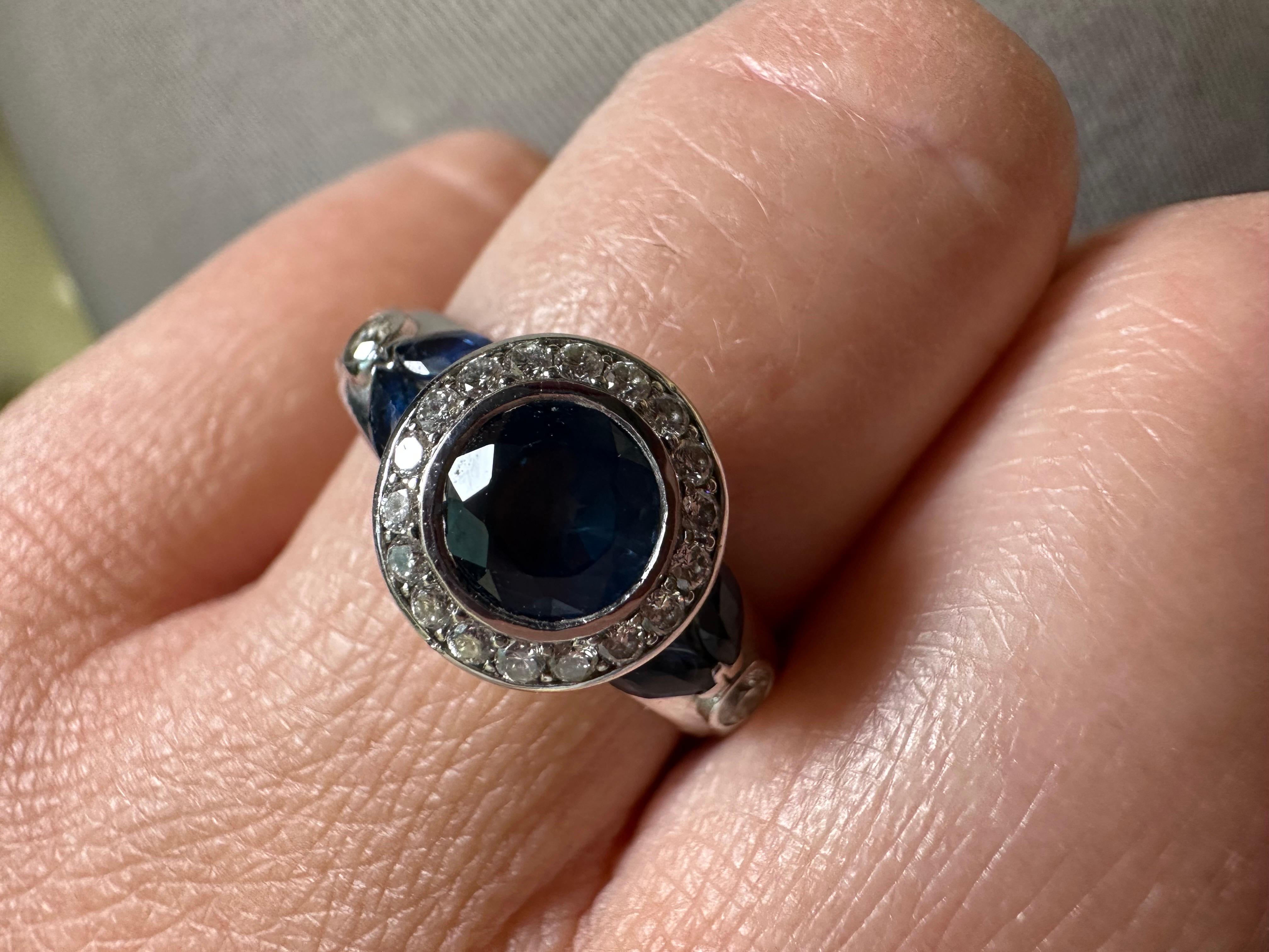 Blue sapphire & Diamond ring 18KT white gold hand finish engagement ring For Sale 3