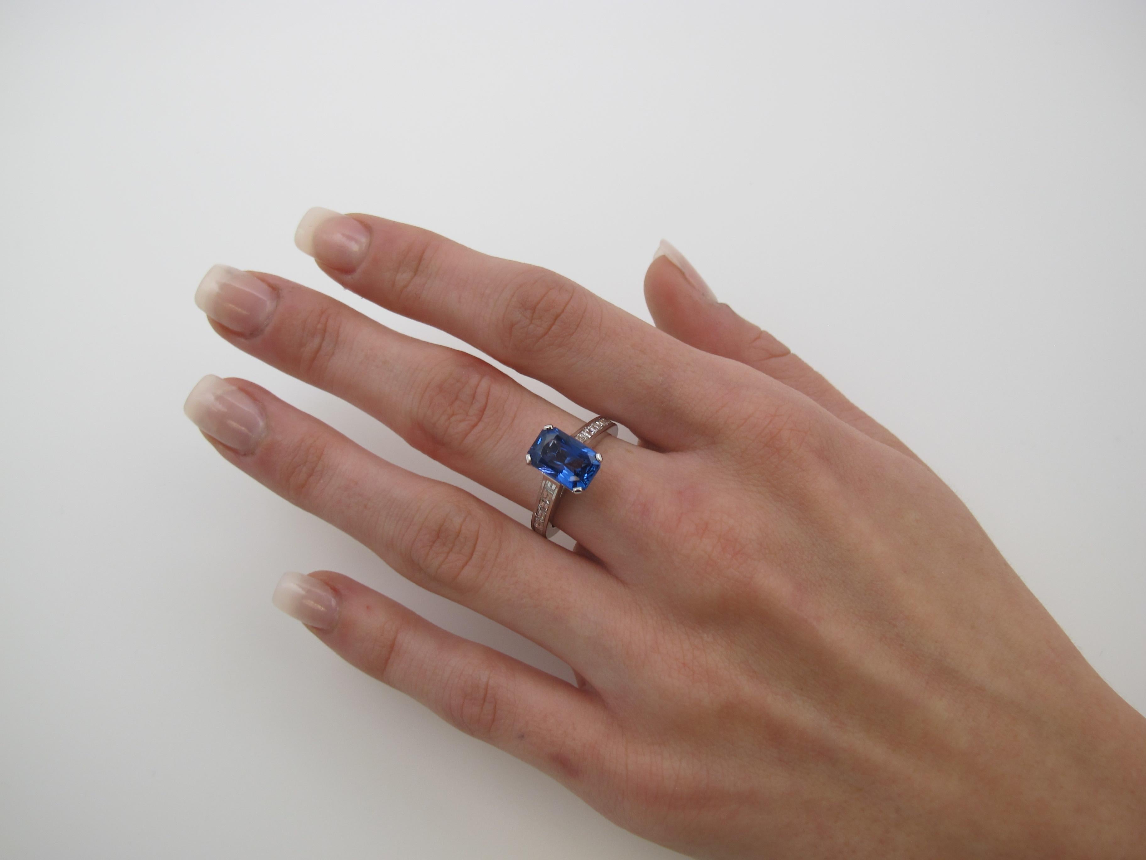 Baguette Cut 3.44 Carat Cornflower Blue Sapphire and Diamond Ring 18k White Gold