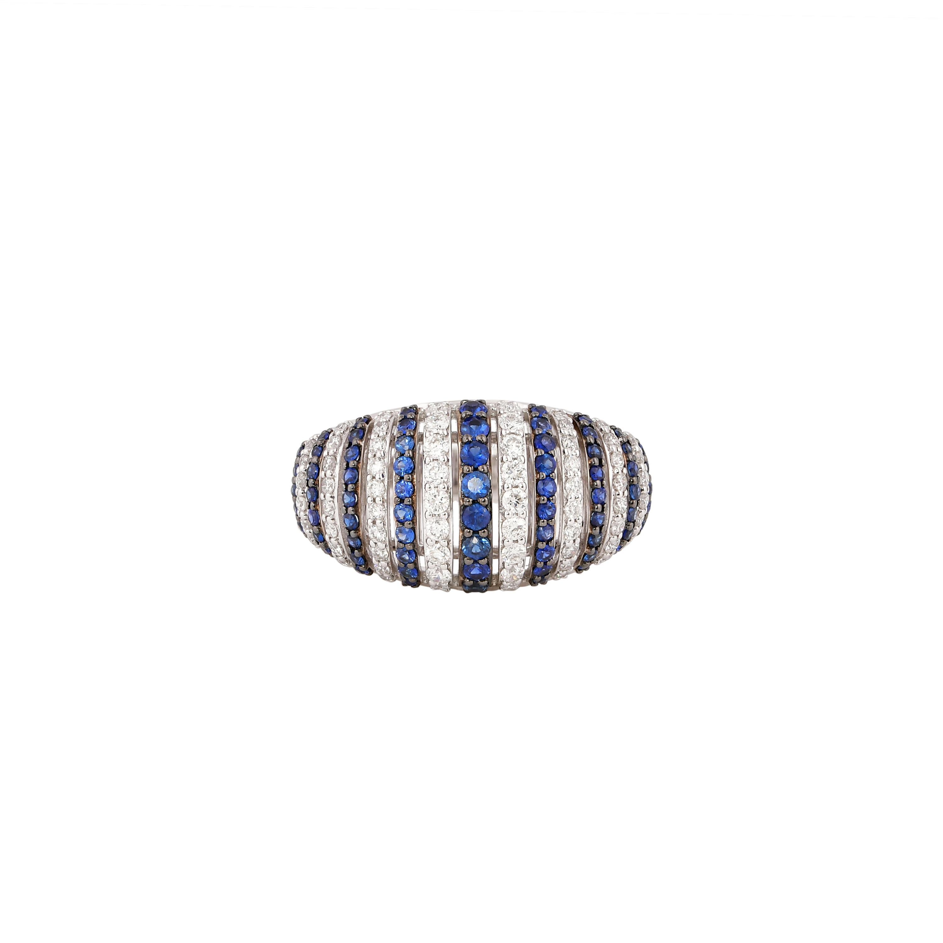 Contemporary Blue Sapphire & Diamond Ring in 18 Karat White Gold For Sale