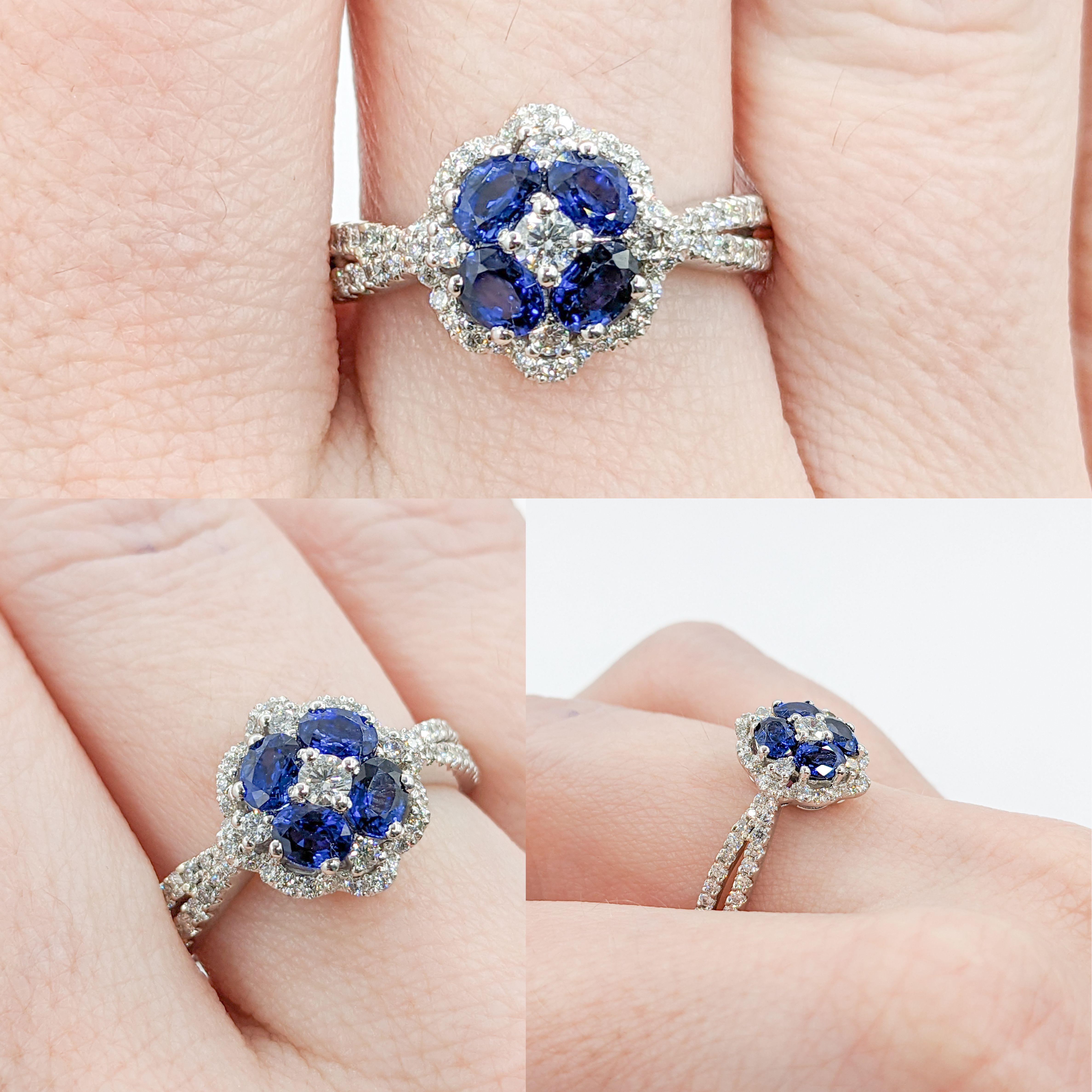 Blue Sapphire & Diamond Ring in 18k White Gold

Unveil the splendor: This magnificent ring, fashioned from premium 18k white gold, is a testament to timeless elegance. It showcases a dazzling array of round diamonds, collectively .50ctw, each