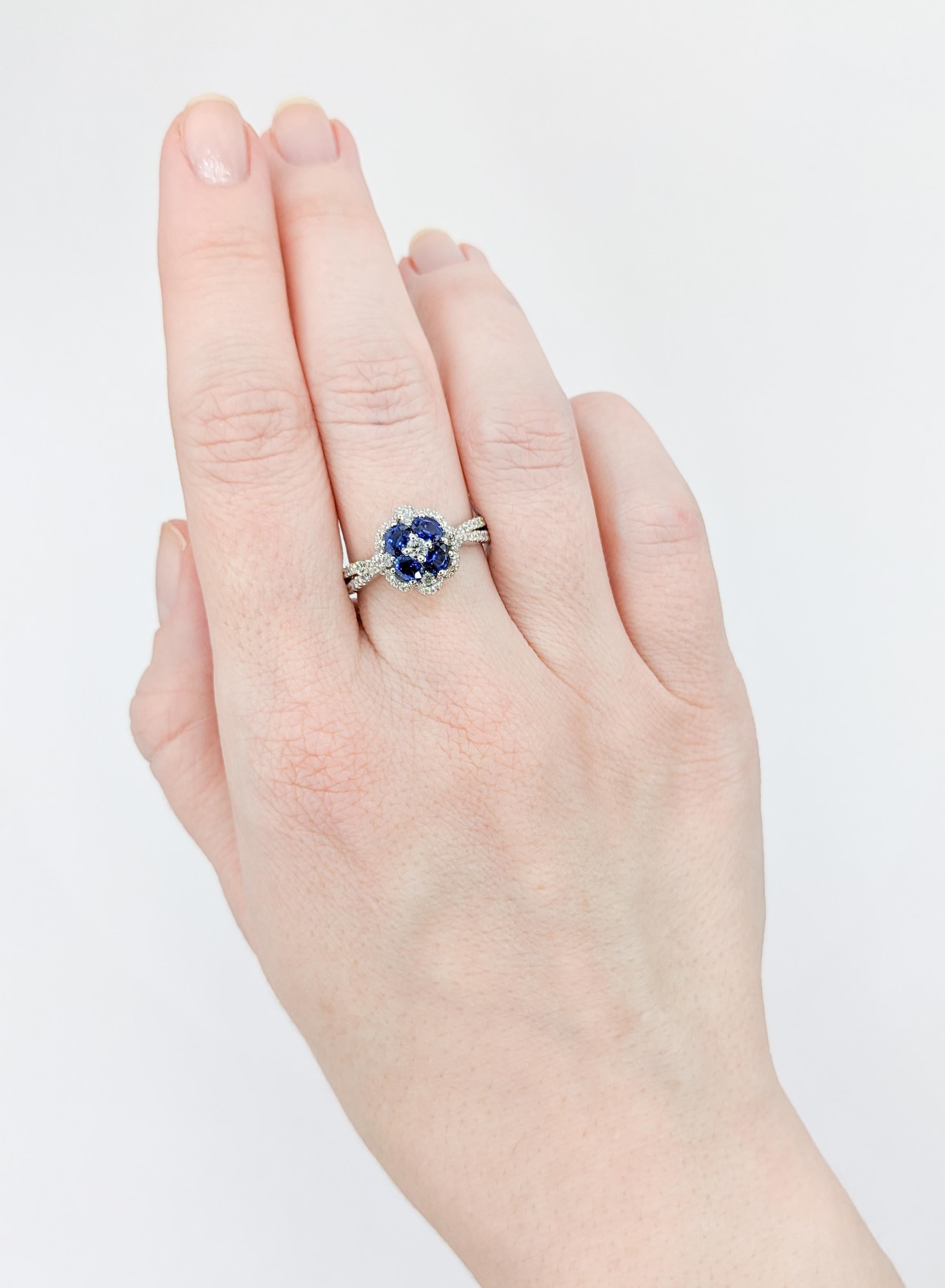 Contemporary Blue Sapphire & Diamond Ring in 18k White Gold For Sale