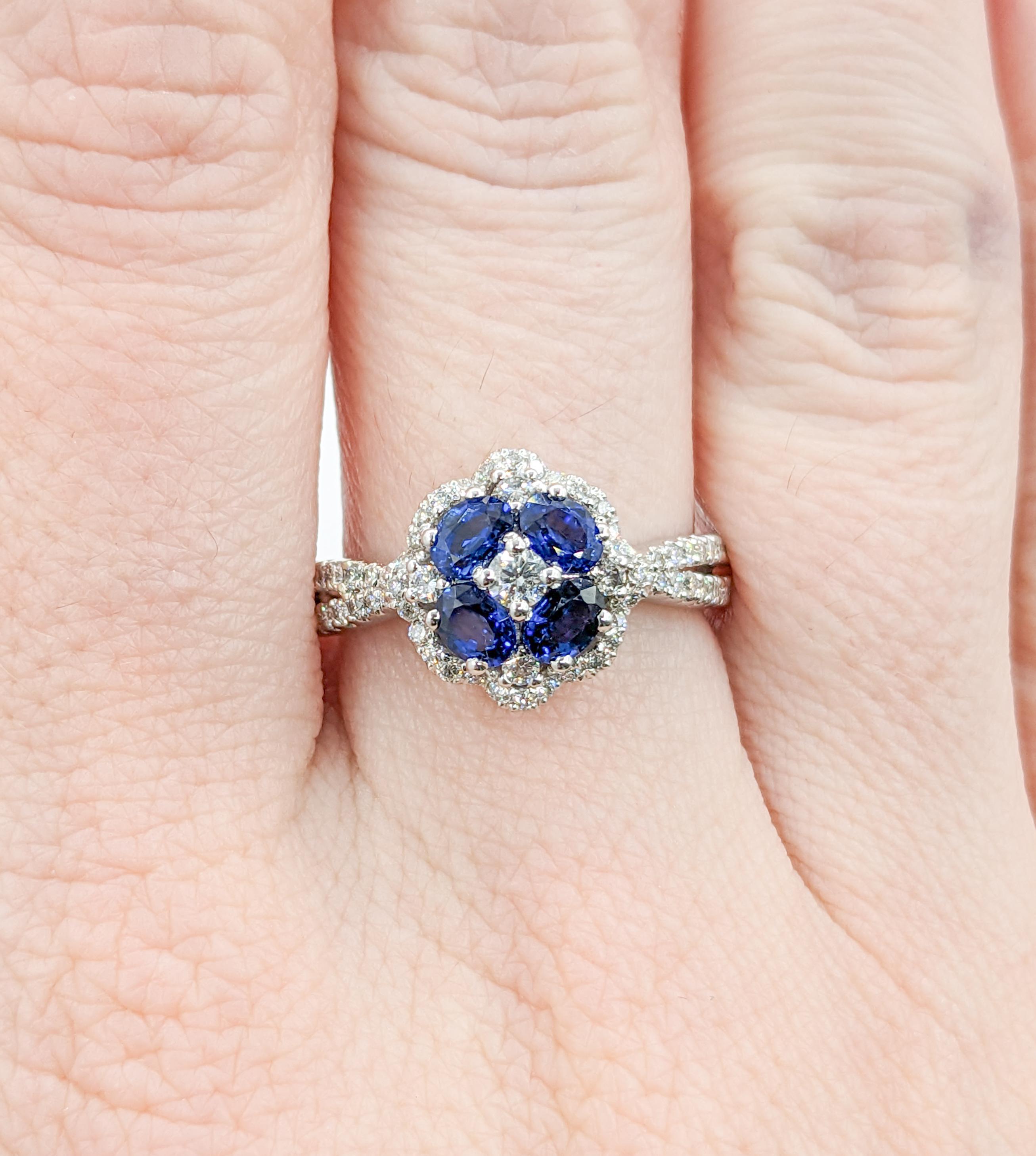 Oval Cut Blue Sapphire & Diamond Ring in 18k White Gold For Sale