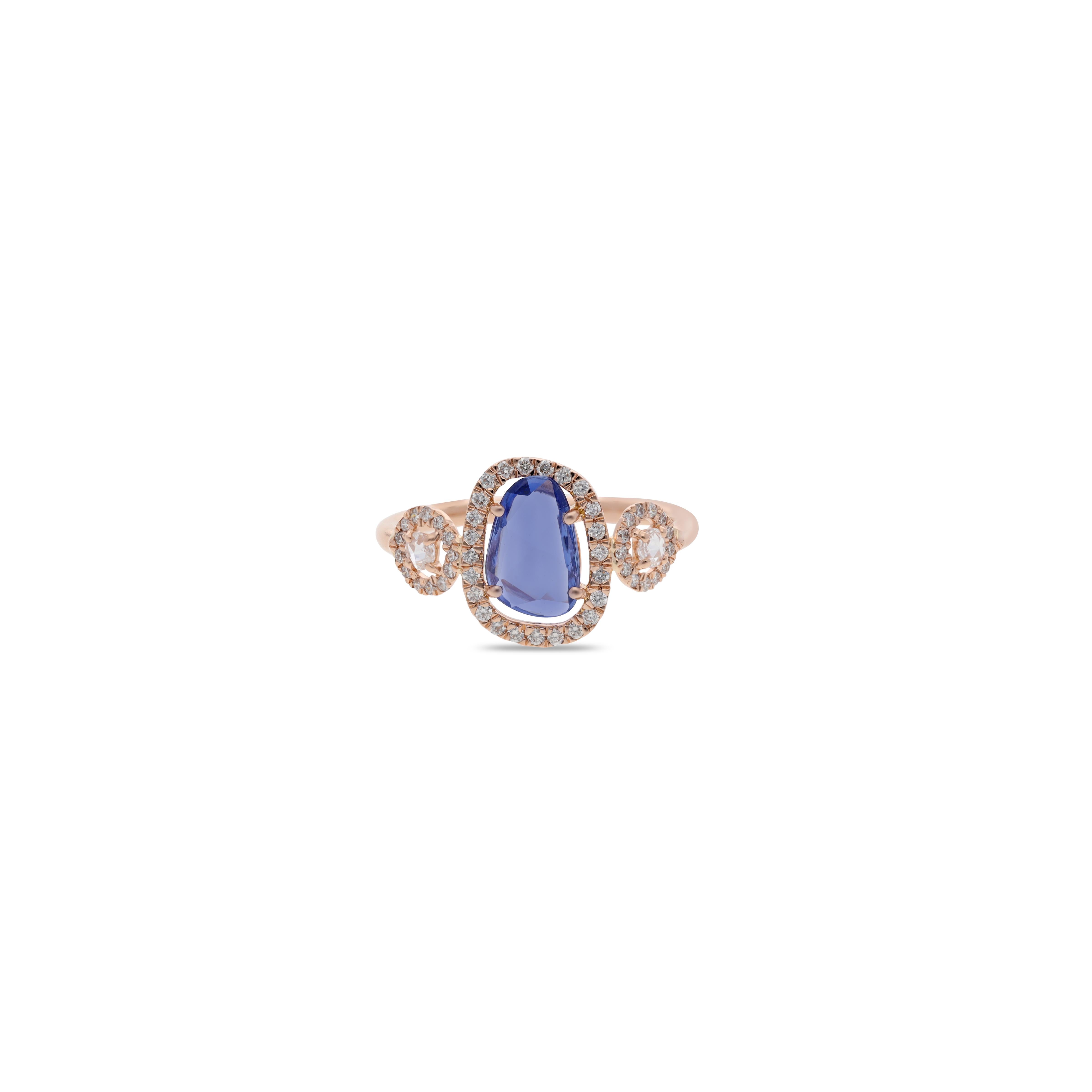 Ring mit blauem Saphir und Diamant in 18 Karat Gelbgold (Rosenschliff) im Angebot