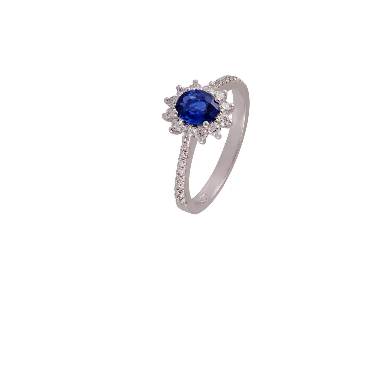 Oval Cut Blue Sapphire & Diamond Ring Studded in 18K White Gold For Sale