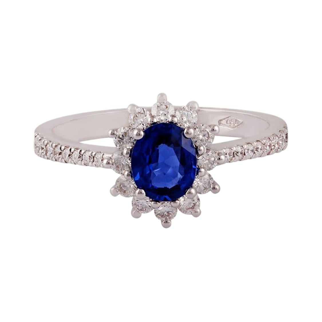 Blue Sapphire & Diamond Ring Studded in 18K White Gold For Sale