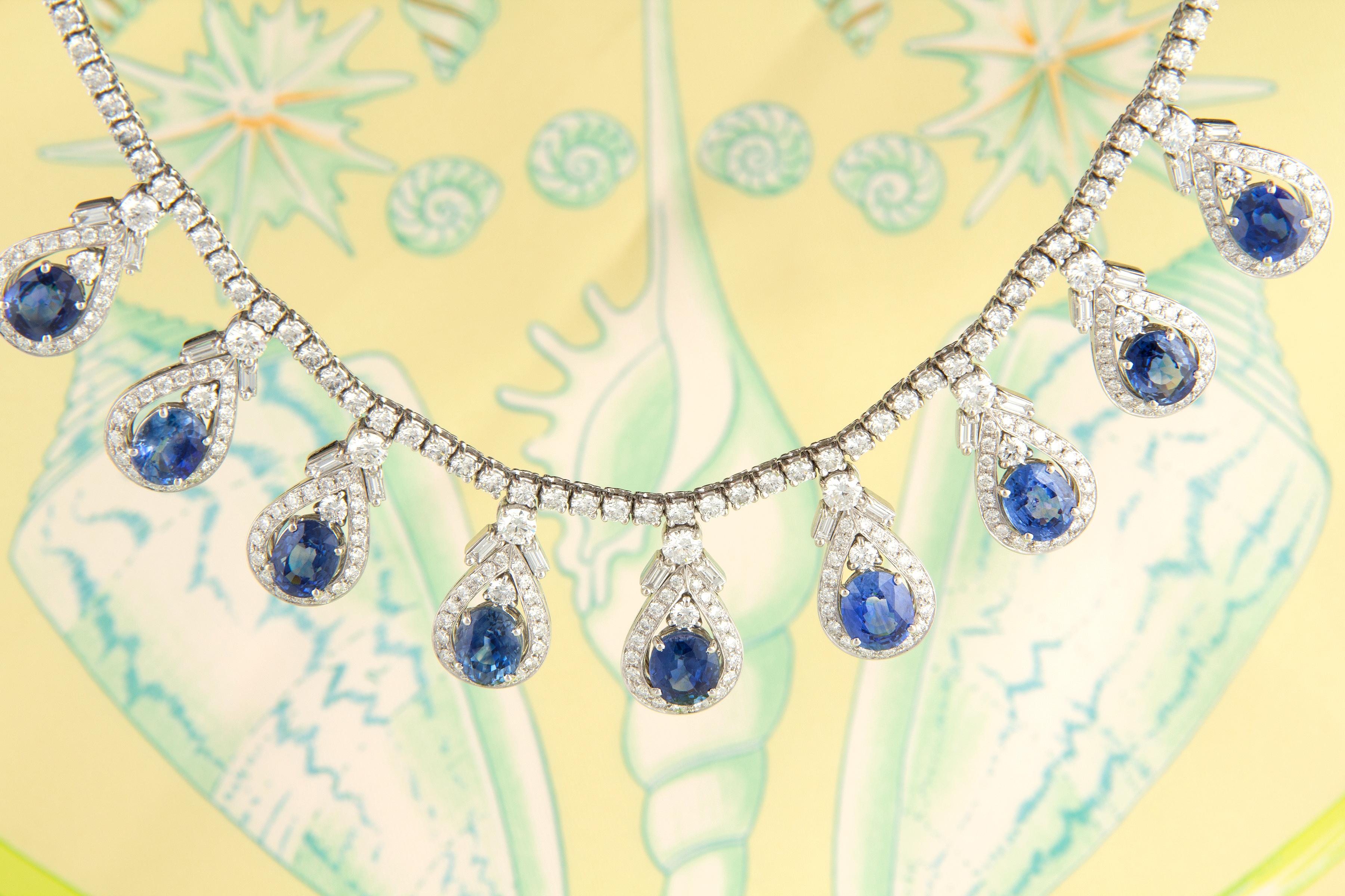 Taille poire Saphir bleu Diamant Riviera Collier Design/One par Ella Gafter en vente