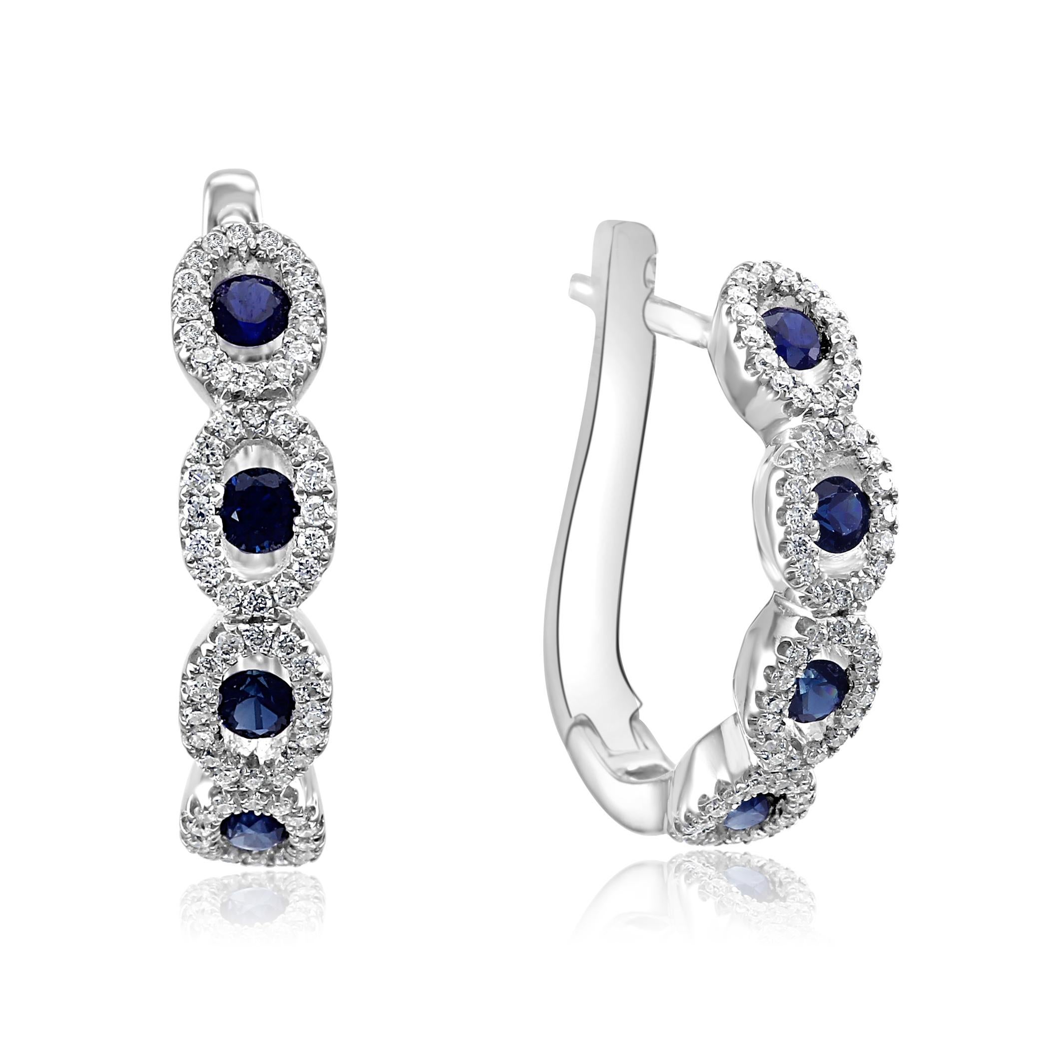 8 Blue Sapphire Round 0.55 Carat encircled in Halo of 128 White G-H Color SI clarity Diamond Round 0.40 Carat set in 14K White Gold Dangle Drop Fashion Lever back Earrings.

Total Stone Weight 0.95 Carat

 Style available in different price ranges