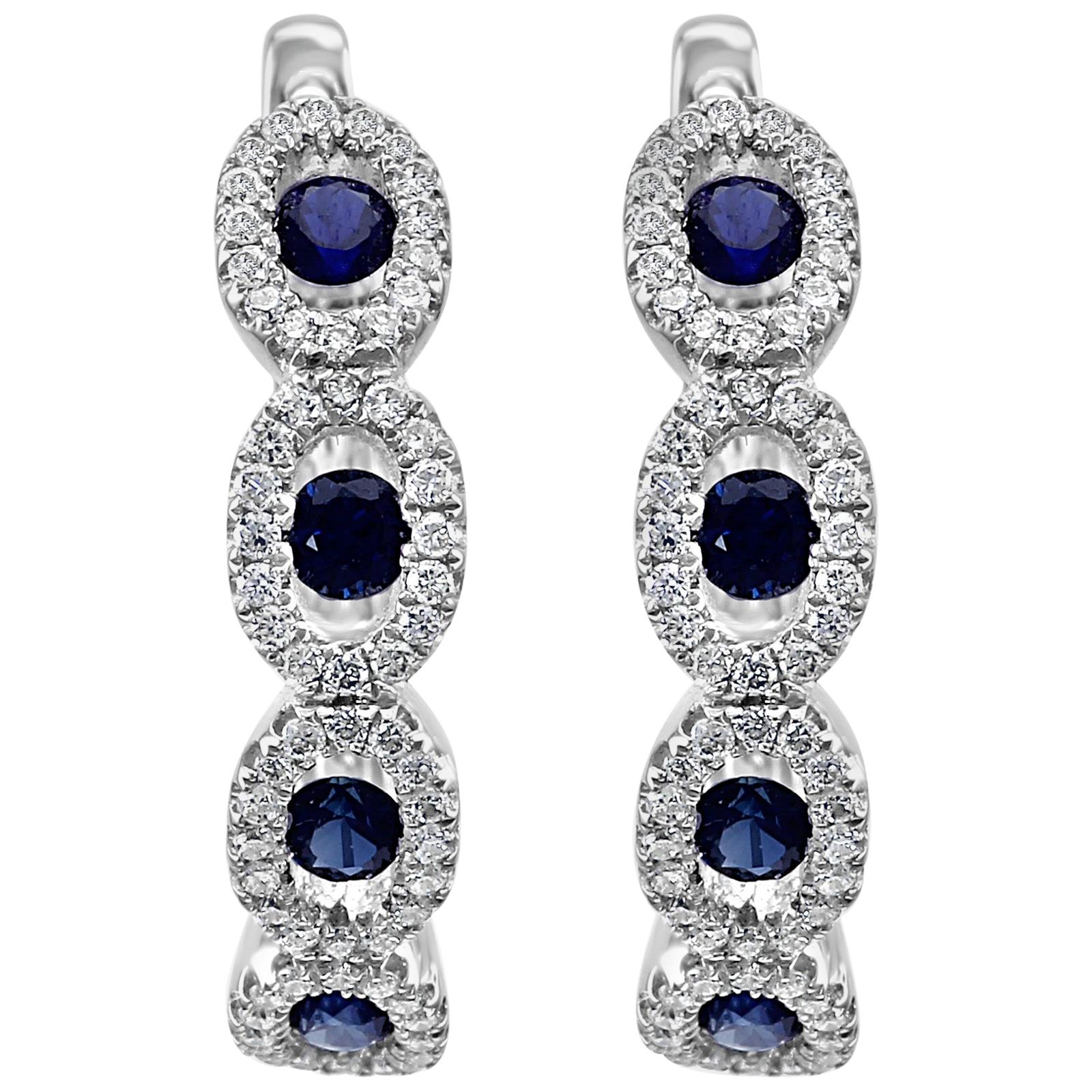 Blue Sapphire Diamond Round Halo Gold Dangle Drop Lever Back Fashion Earring