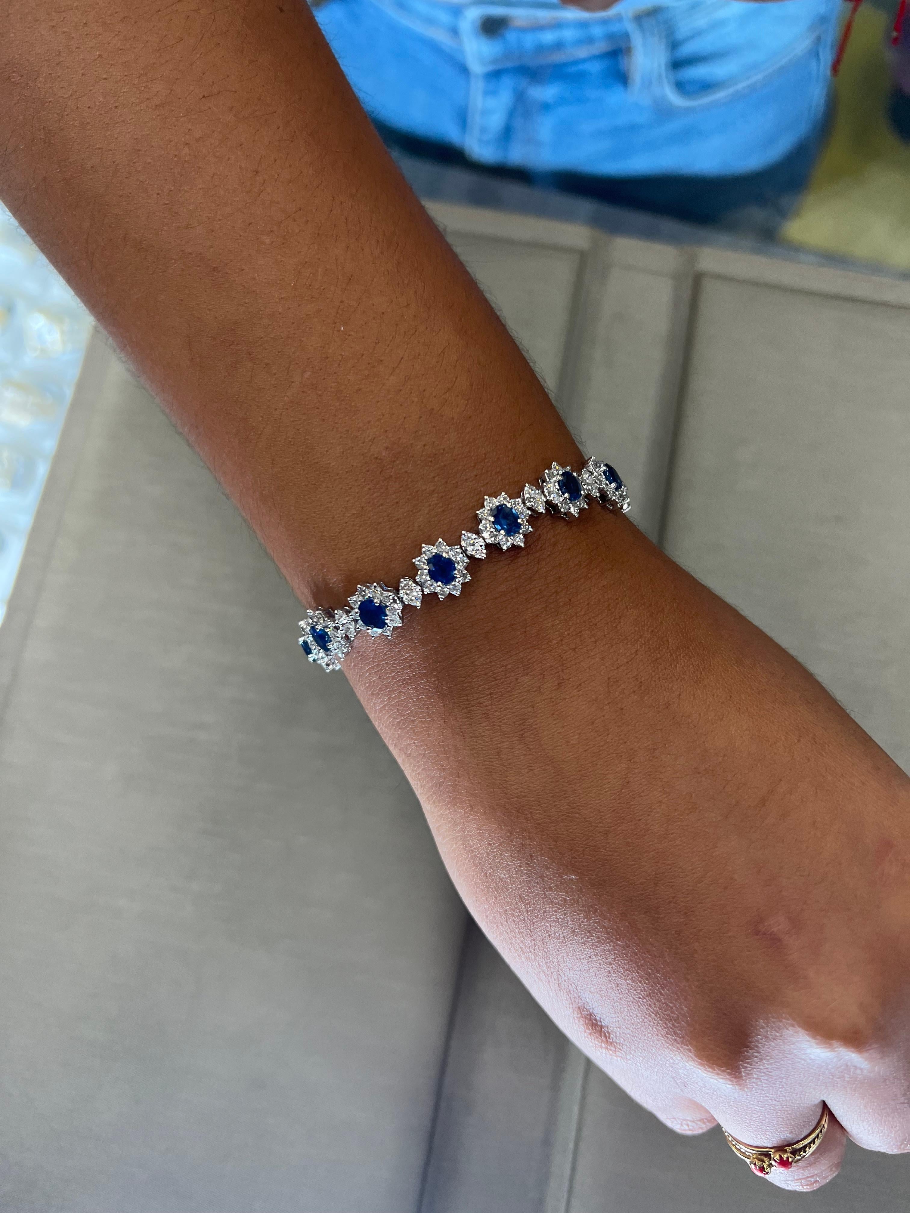 Contemporary Blue Sapphire & Diamond SnowFlake Bracelet 18k White Gold