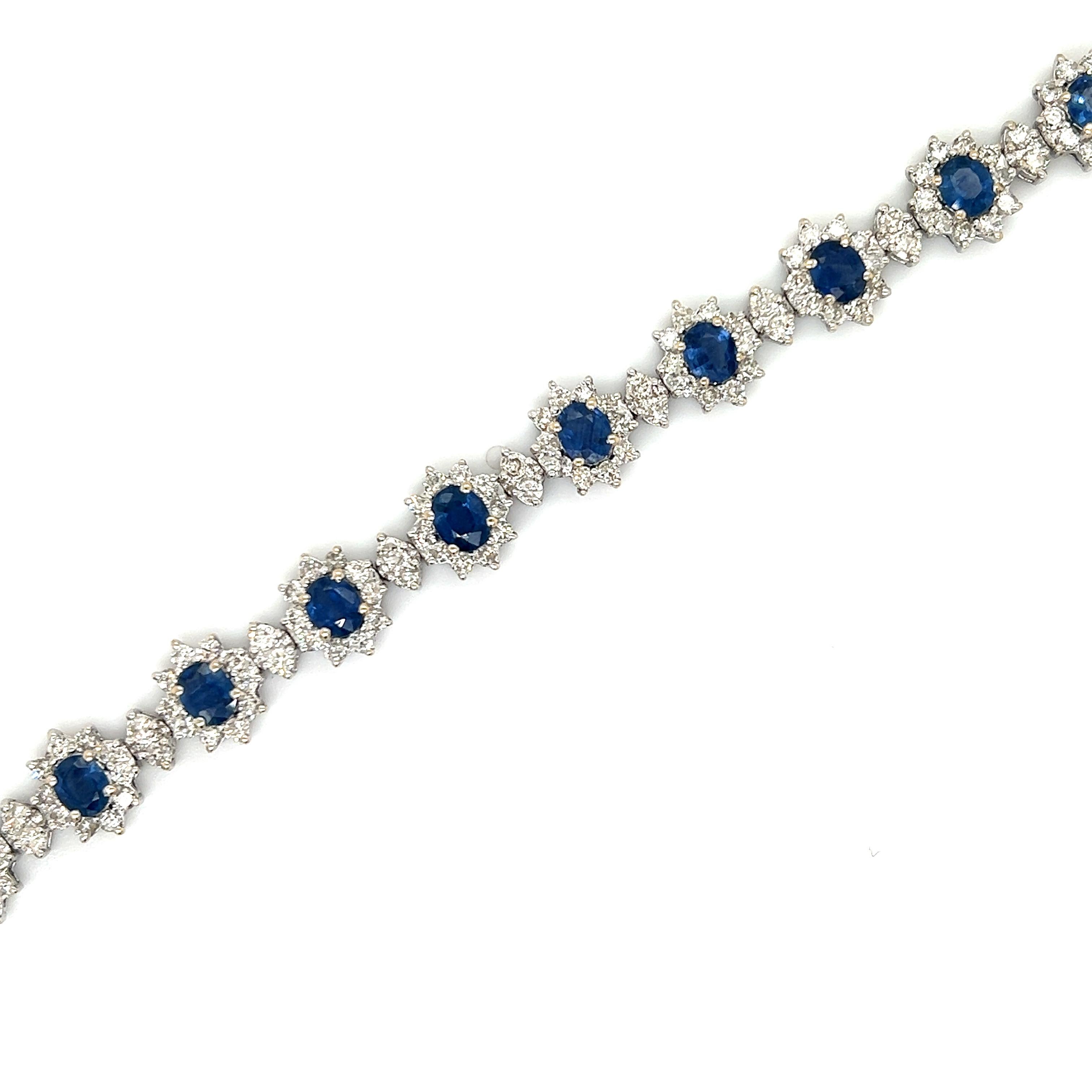 Blue Sapphire & Diamond SnowFlake Bracelet 18k White Gold In Excellent Condition In MIAMI, FL
