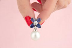 Blue Sapphire Diamond South Sea Pearl Earrings Flower Design by Ella Gafter