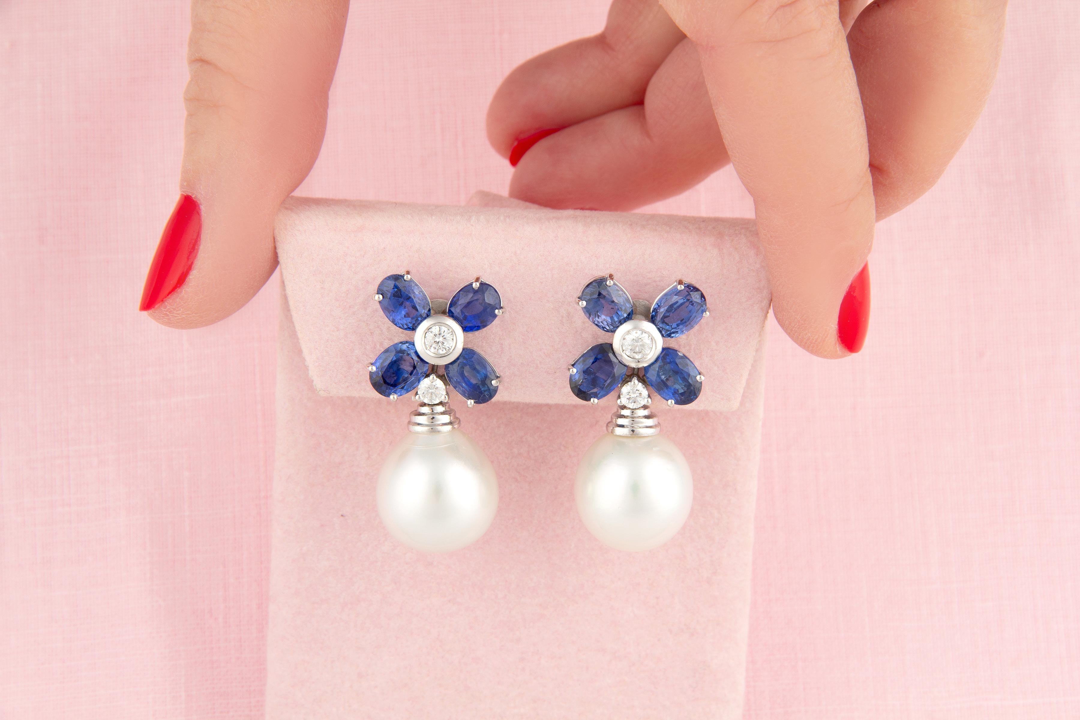 Blue Sapphire Diamond South Sea Pearl Earrings Flower Design by Ella Gafter In New Condition For Sale In New York, NY