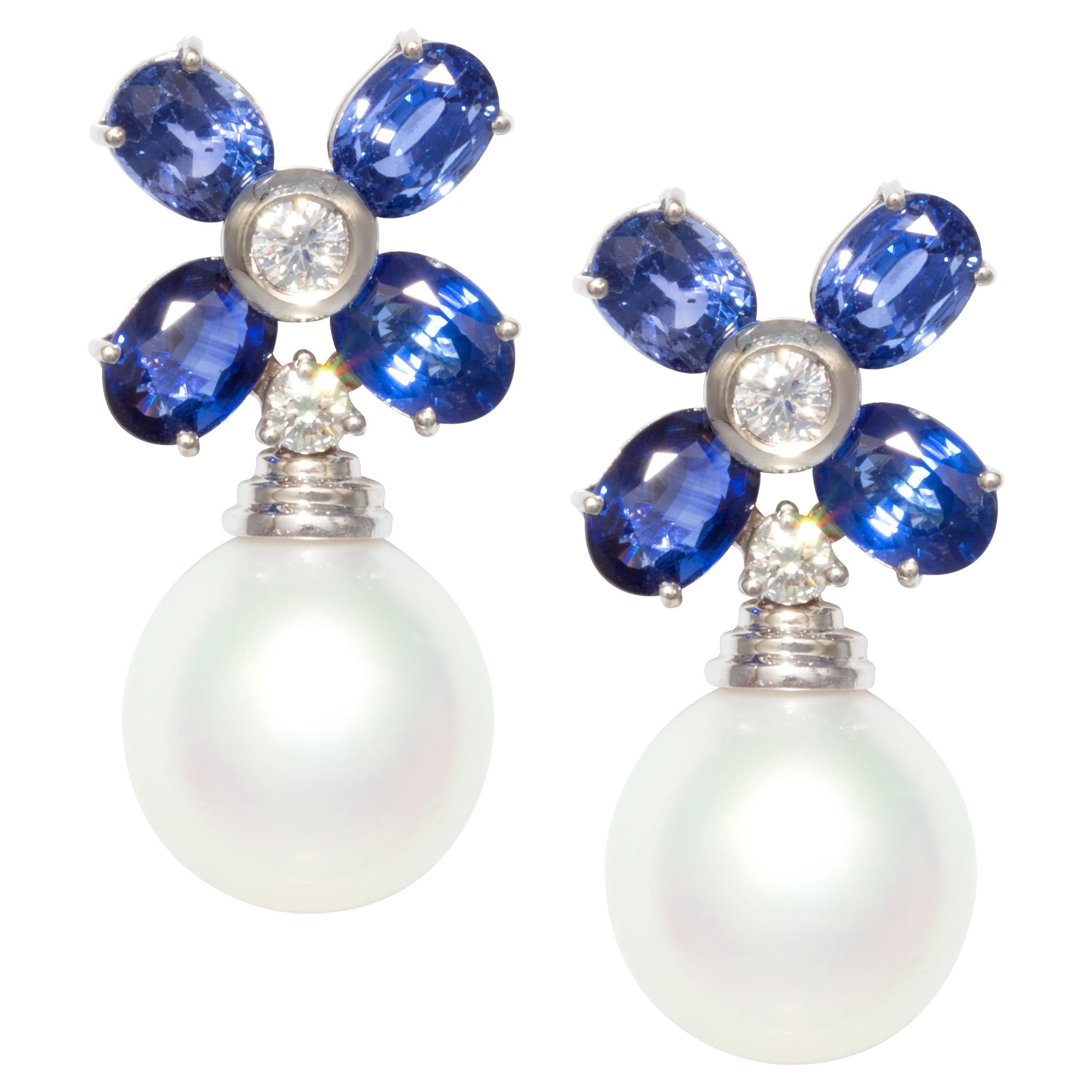 Blue Sapphire Diamond South Sea Pearl Earrings Flower Design by Ella Gafter For Sale