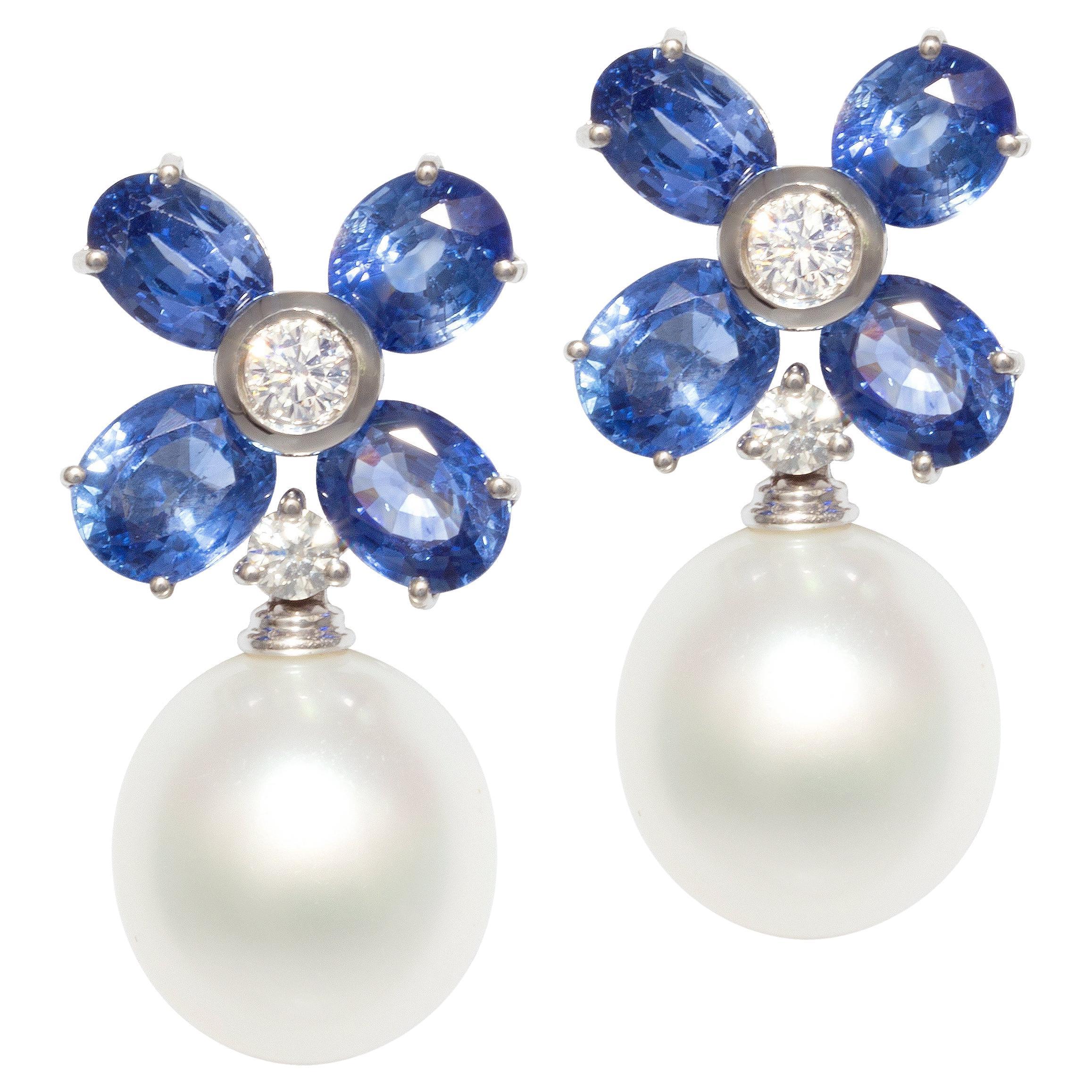 Blue Sapphire Diamond South Sea Pearl Earrings Flower Design by Ella Gafter
