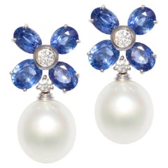 Blue Sapphire Diamond South Sea Pearl Earrings Flower Design by Ella Gafter