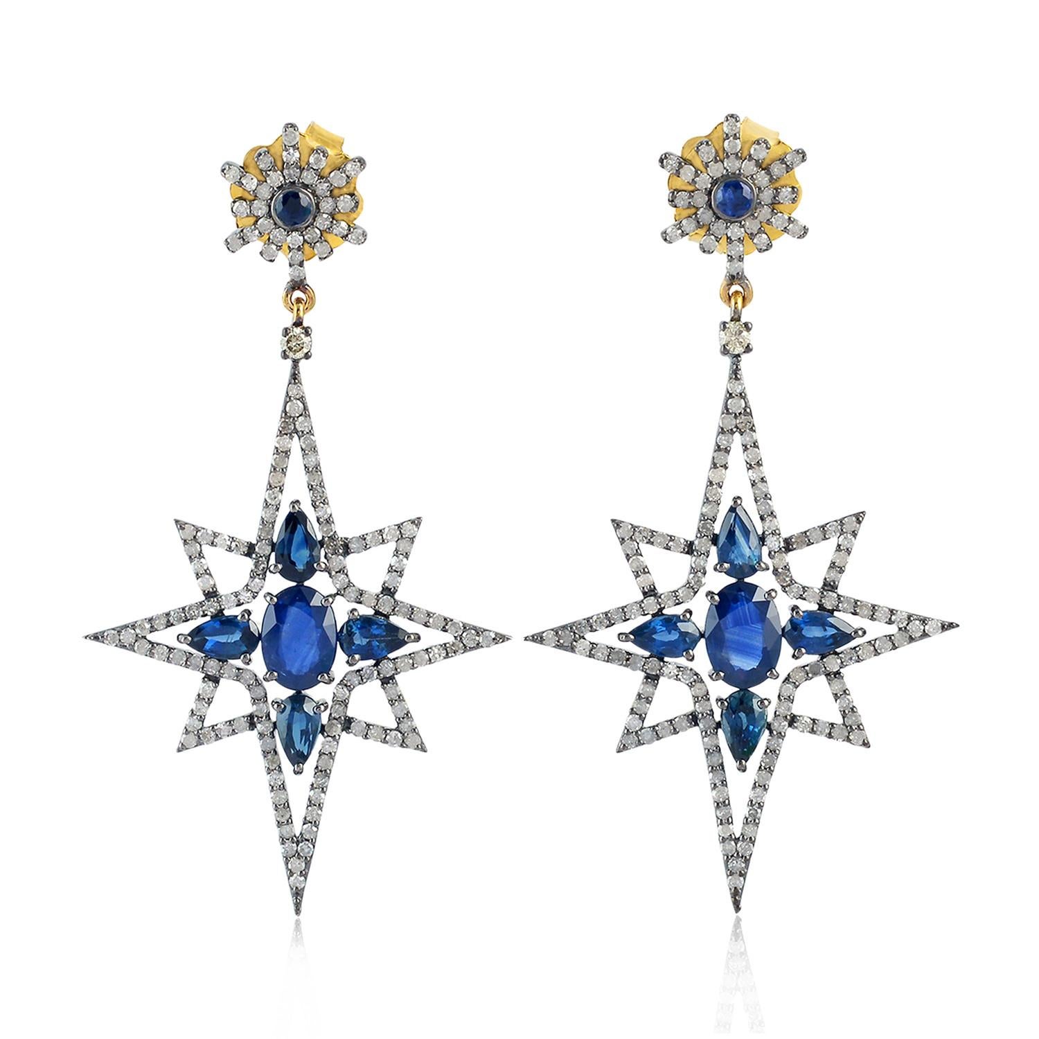 Contemporary Blue Sapphire Diamond Star Drop Earrings For Sale