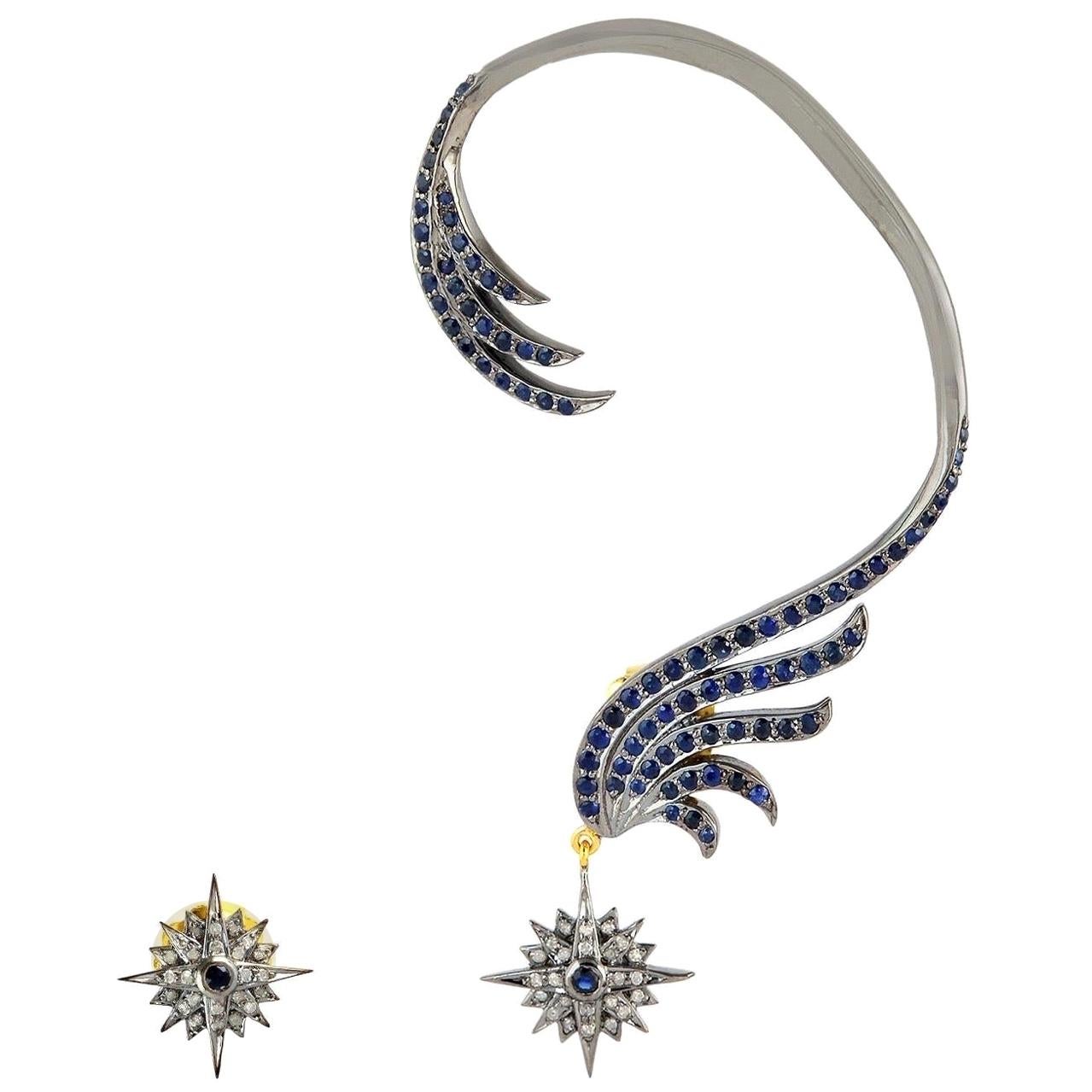 Blue Sapphire Diamond Star Ear Climber Earrings For Sale