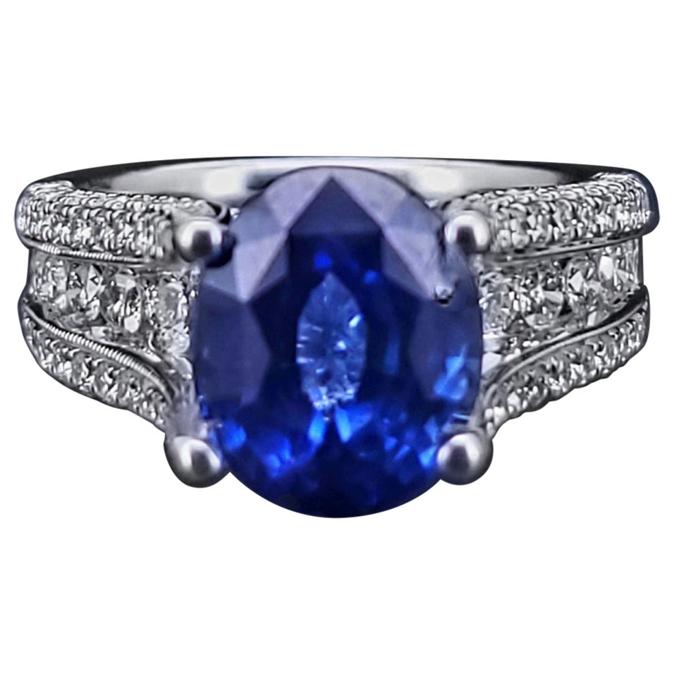 Blue Sapphire & Diamond Statement Ring in 18K White Gold