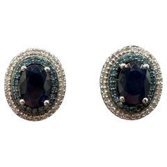 Blue Sapphire Diamond Stud Earrings 10K White Gold Push Backs New