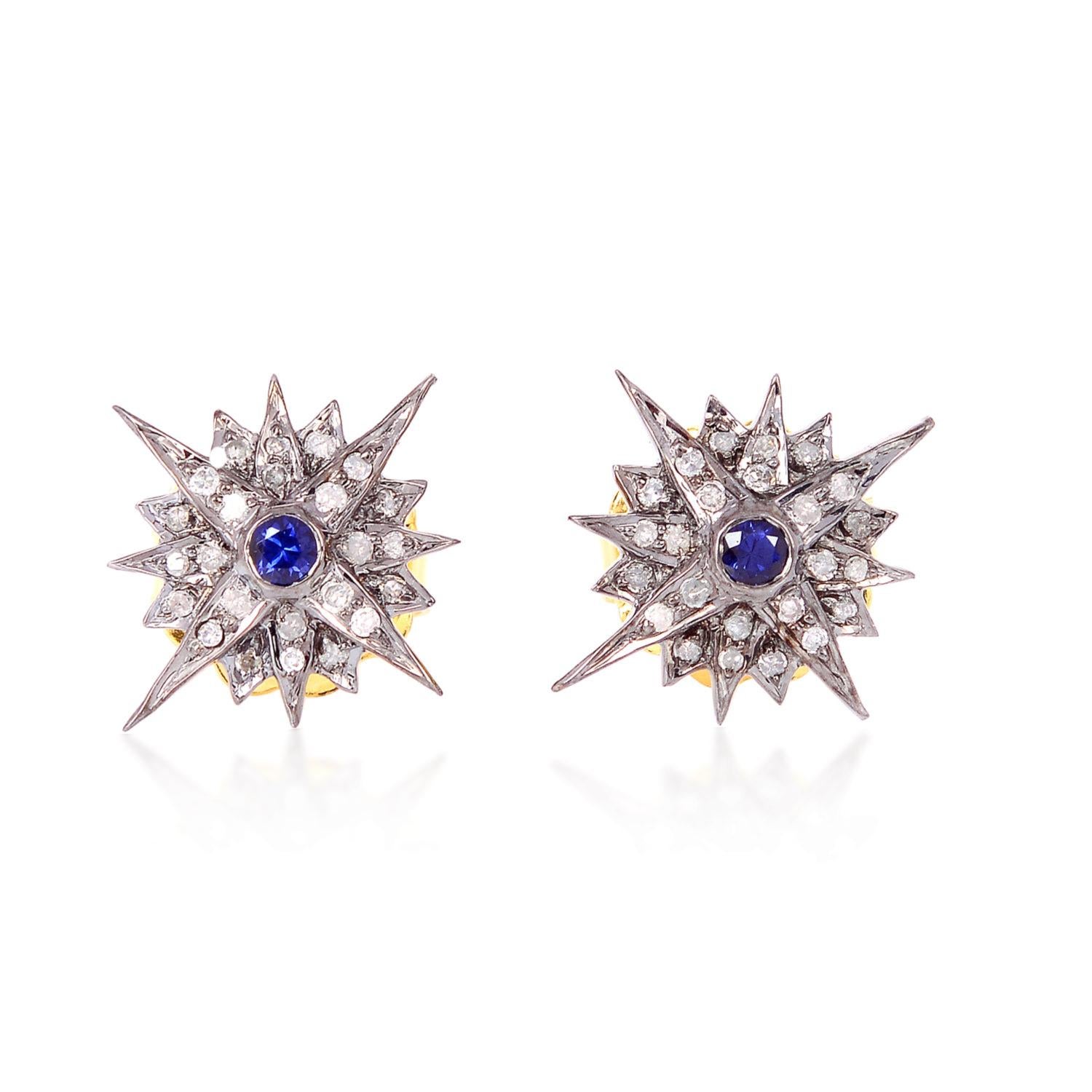 Single Cut Blue Sapphire Diamond Stud Earrings For Sale