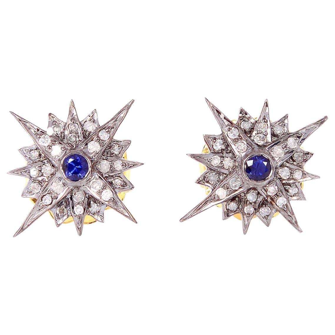 Blue Sapphire Diamond Stud Earrings For Sale