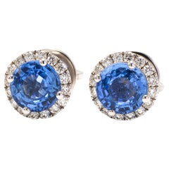 Blue Sapphire Diamond Stud Earrings with Diamond Halo 18k White Gold Screw Back