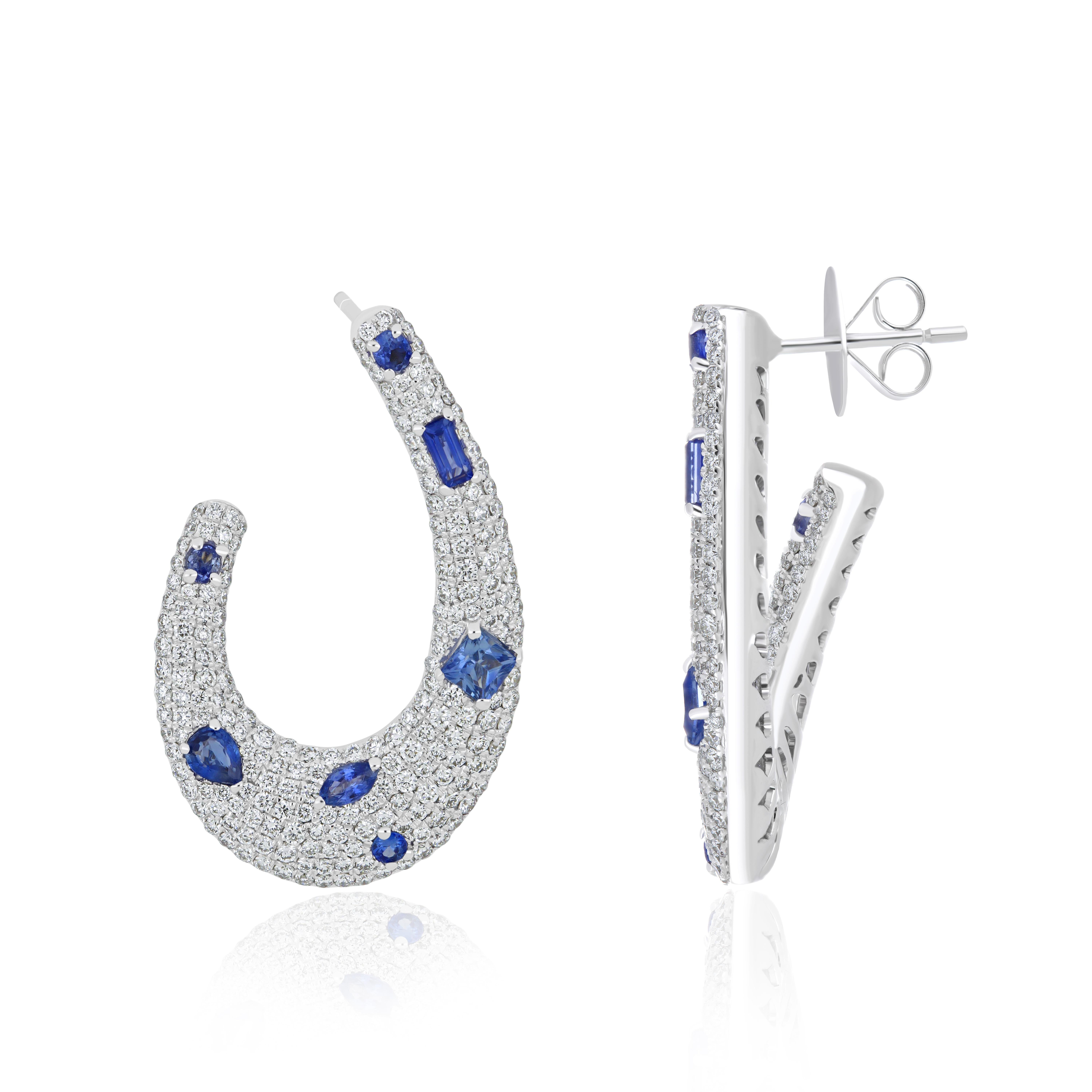 14K Gold Blue Sapphire Studded Earrings for Women with  1.85 Cts (approx. total)  Blue Sapphire  and accented with micro pave Diamonds, weighing approx. 2.41 cts. (approx. total). Beautifully Hand-Crafted Earring in 14 Karat White Gold for your