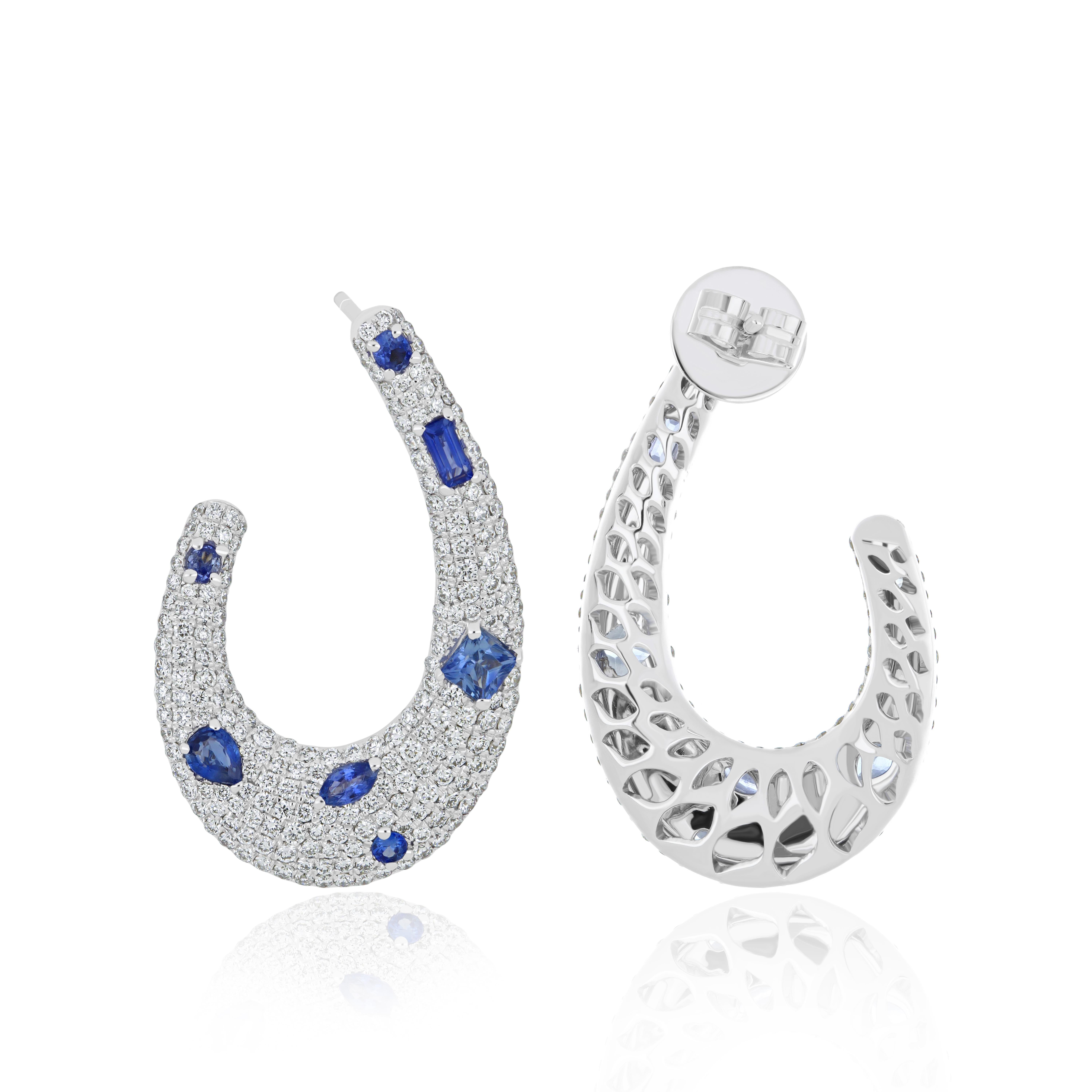 Mixed Cut Blue Sapphire & Diamond Studded Earring in 14K White Gold For Sale