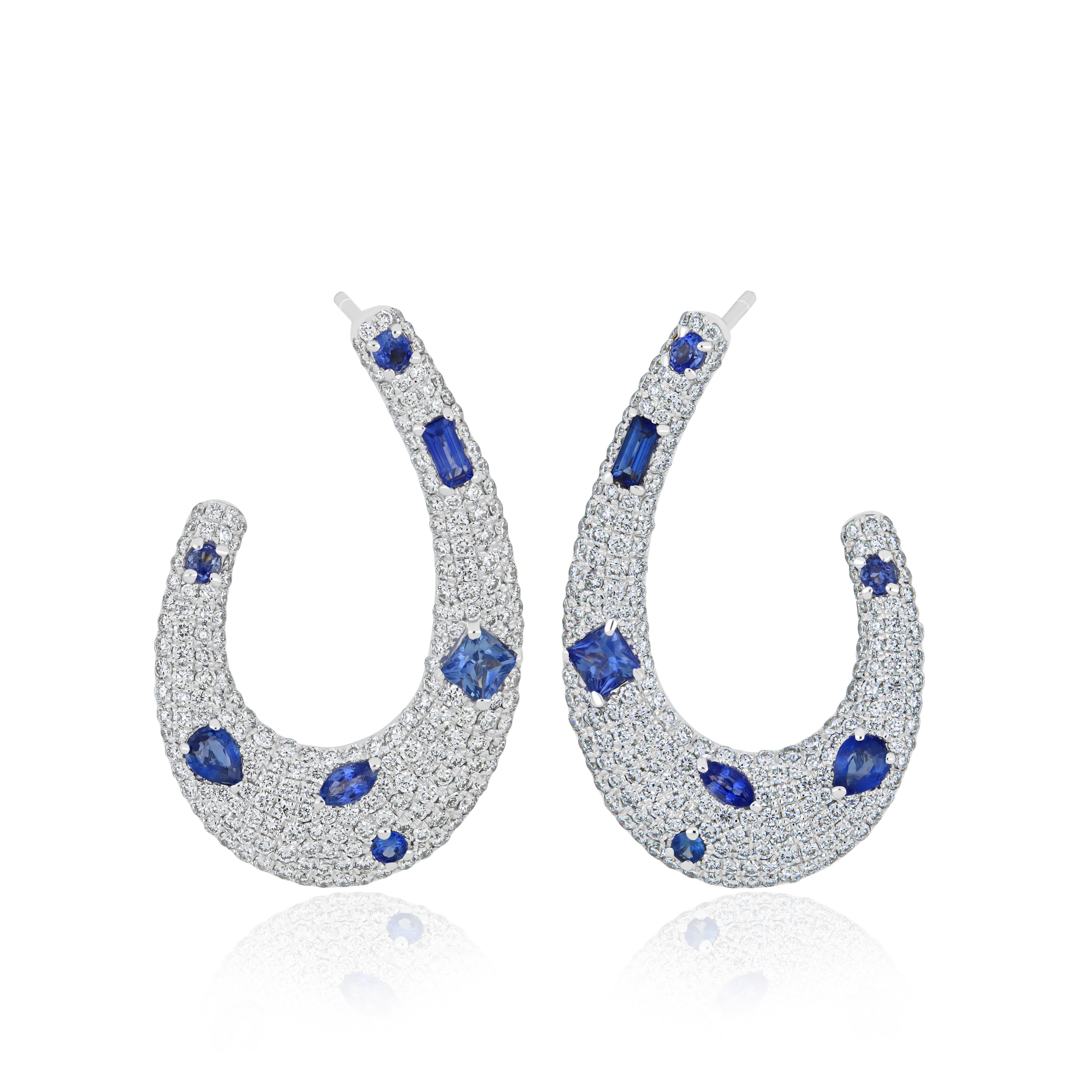 Blue Sapphire & Diamond Studded Earring in 14K White Gold For Sale 1