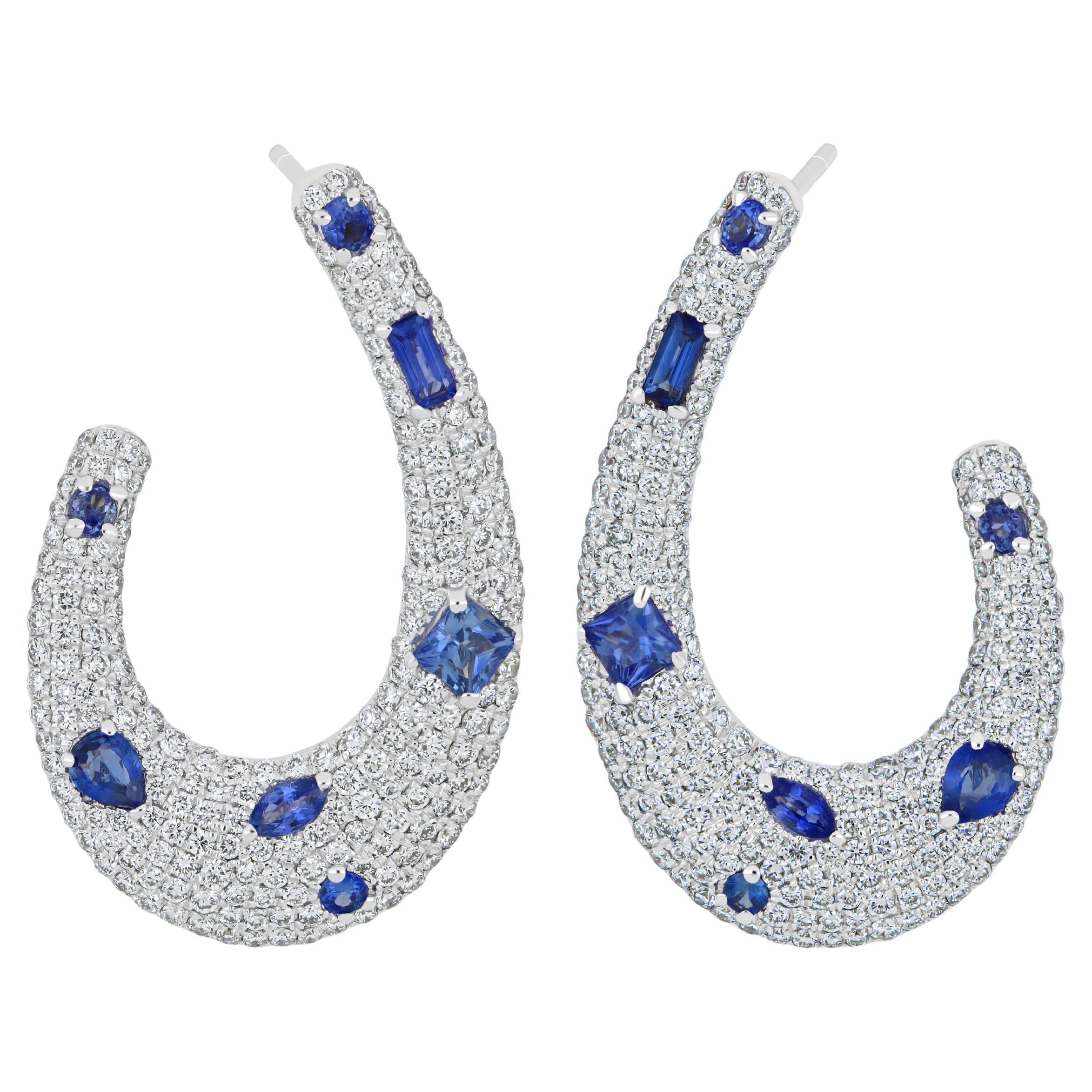 Blue Sapphire & Diamond Studded Earring in 14K White Gold For Sale