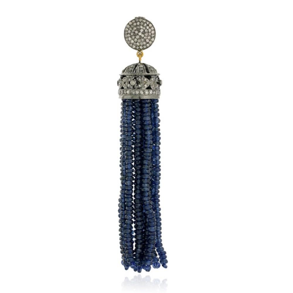 Mixed Cut Blue Sapphire & Diamond Tassel Pendant Made in 18k Gold & Silver For Sale