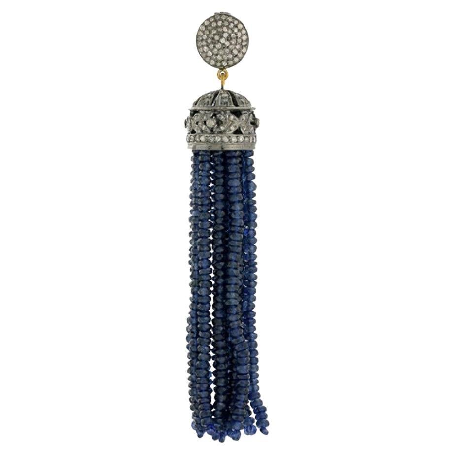 Blue Sapphire & Diamond Tassel Pendant Made in 18k Gold & Silver For Sale
