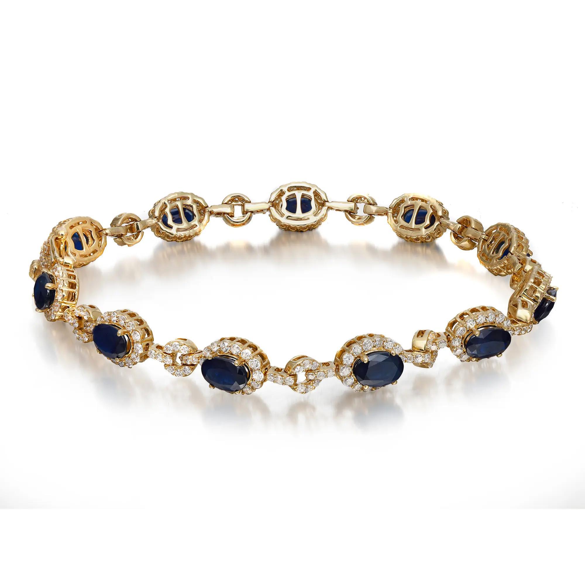 Modern Blue Sapphire & Diamond Tennis Bracelet 14K Yellow Gold For Sale