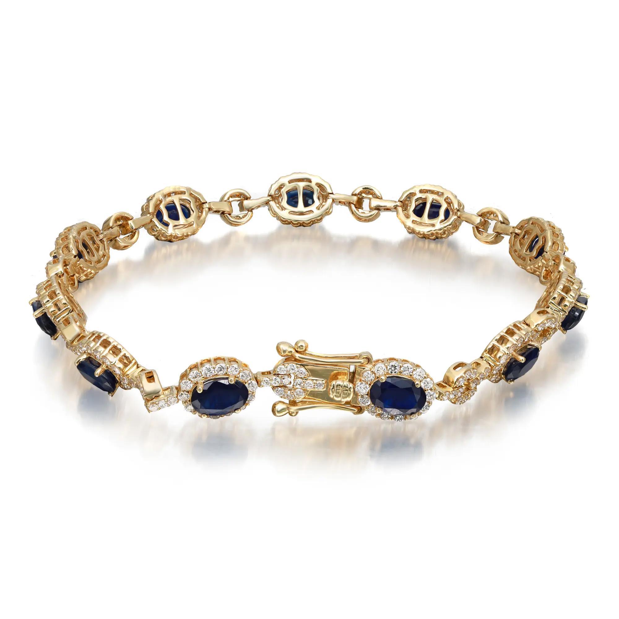 Taille ovale Bracelet tennis en or jaune 14 carats avec saphir bleu et diamants en vente