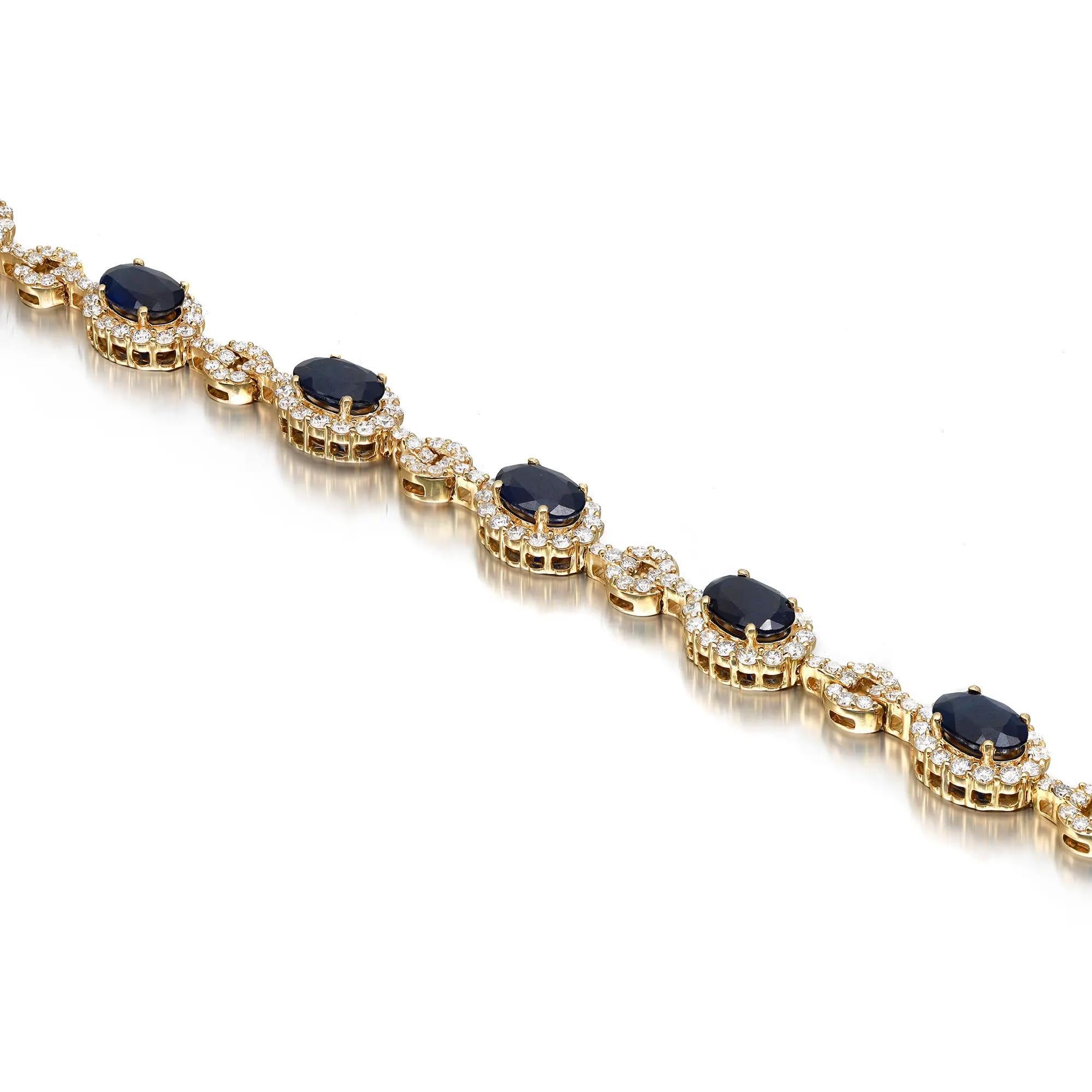 Blue Sapphire & Diamond Tennis Bracelet 14K Yellow Gold In New Condition For Sale In New York, NY