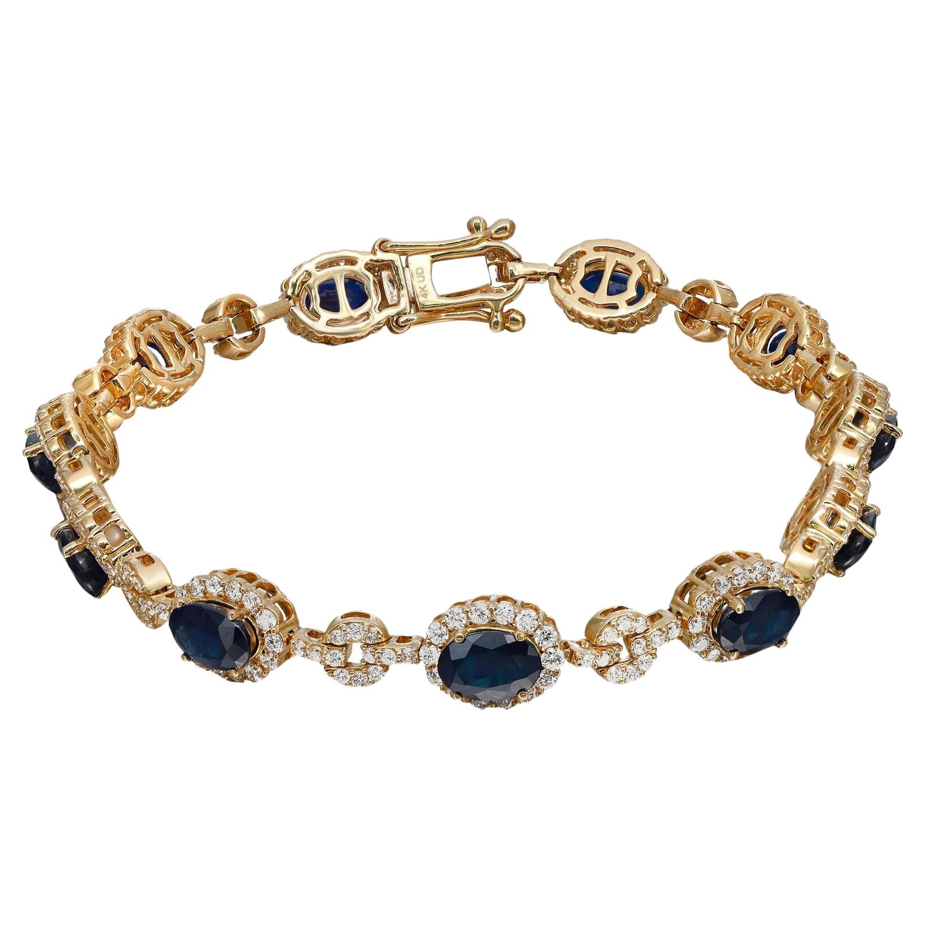 Bracelet tennis en or jaune 14 carats avec saphir bleu et diamants en vente