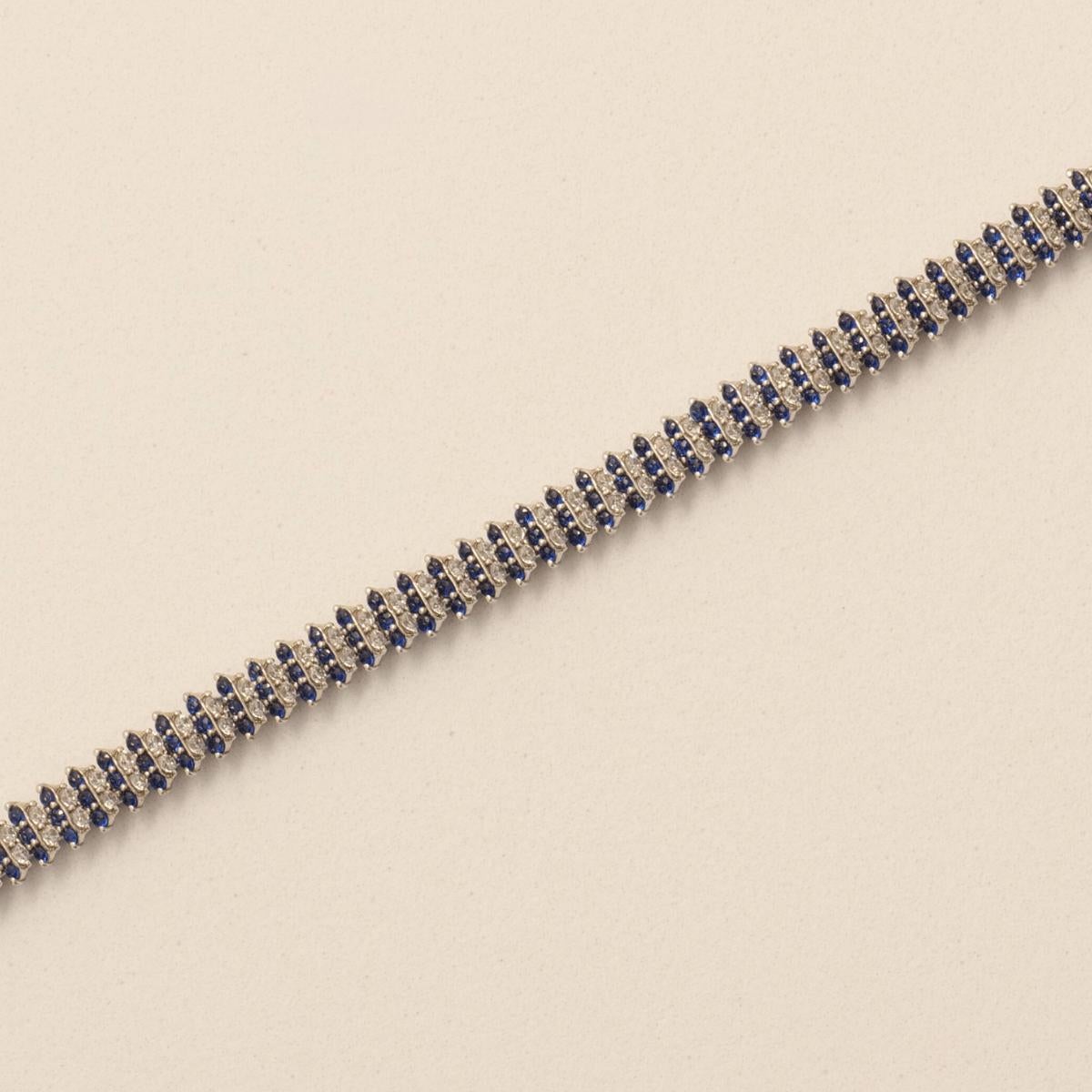 Tennisarmband mit blauem Saphir und Diamant aus massivem 14-karätigem Gold (zertifiziert) (Rundschliff) im Angebot