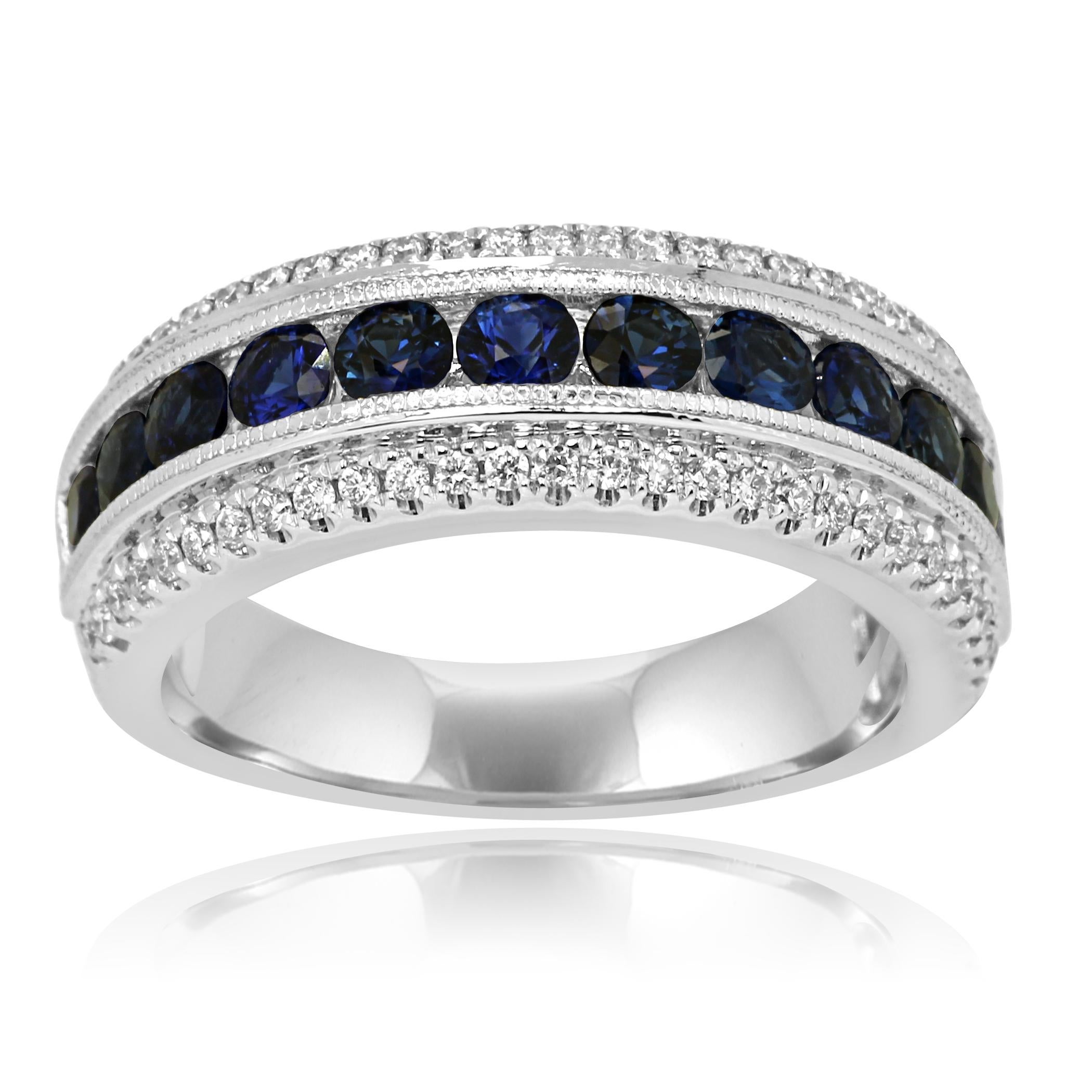 Blue Sapphire Round 1.21 Carat Flanked on side by White Round Diamonds 0.25 Carat in Stunning 14K White Gold Band Ring.

Blue Sapphire Weight 1.21 Carat
Total Weight 1.46 Carat