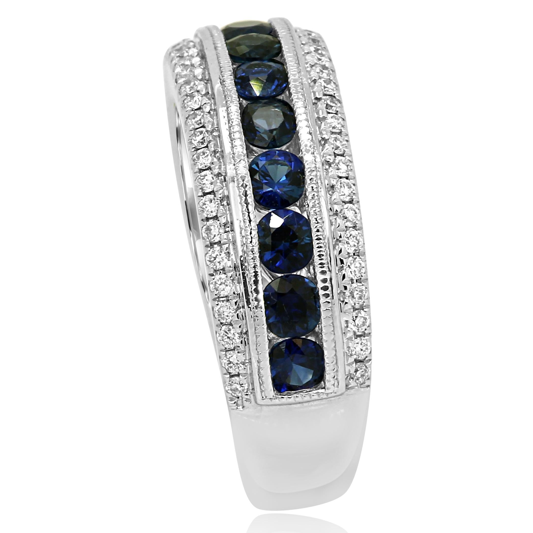 Contemporary Blue Sapphire Diamond Three-Row Gold Band Ring