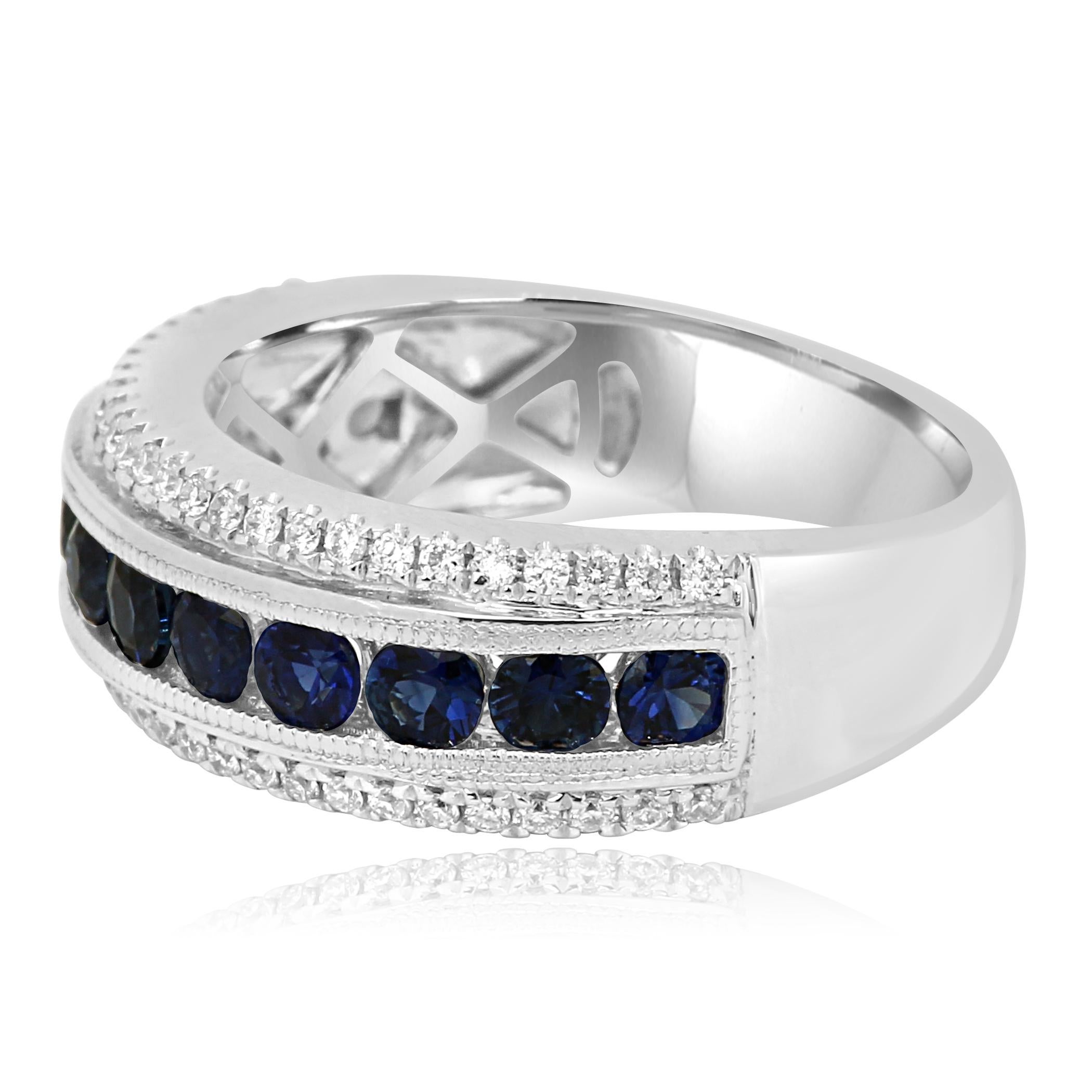 Round Cut Blue Sapphire Diamond Three-Row Gold Band Ring