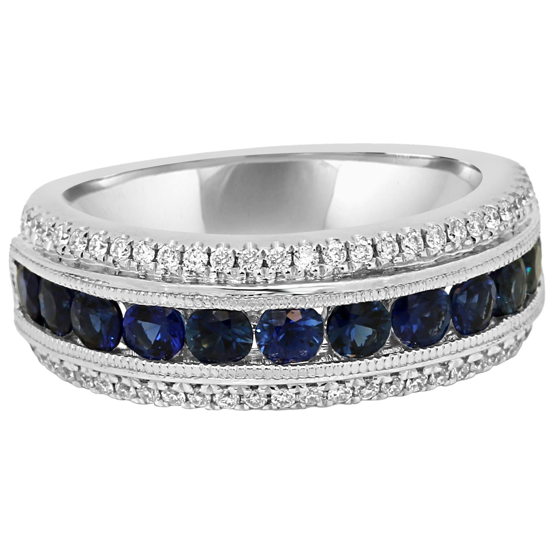 Blue Sapphire Diamond Three-Row Gold Band Ring