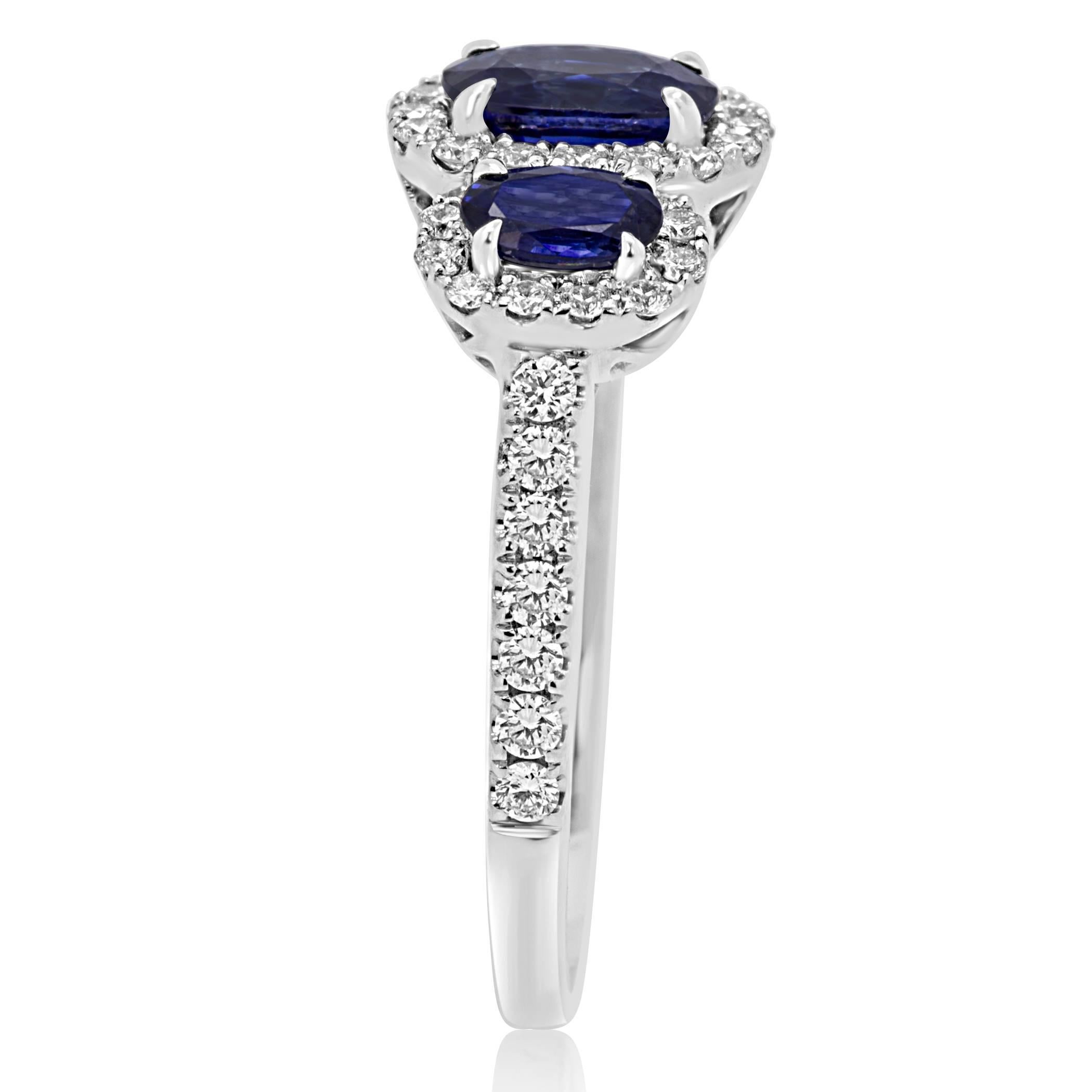 Oval Cut Blue Sapphire Diamond Three-Stone Halo Gold Fashion Cocktail Ring