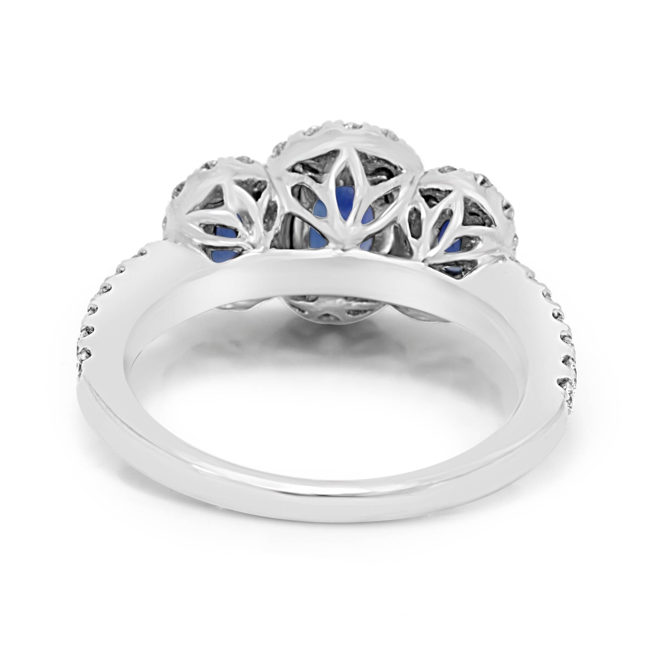 Women's Blue Sapphire Diamond Three-Stone Halo Gold Fashion Cocktail Ring