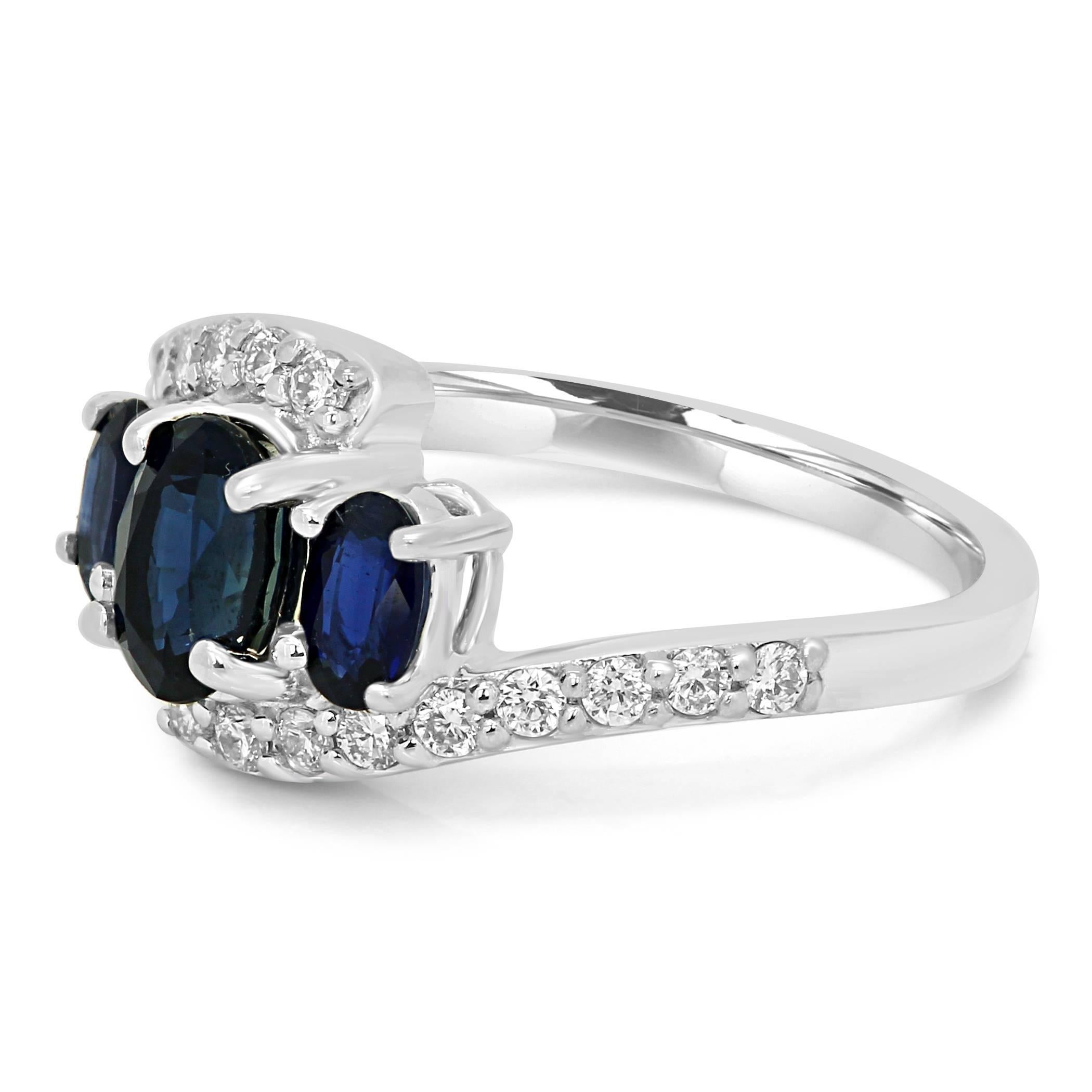 Contemporary Blue Sapphire Diamond Three-Stone White Gold Fashion Cocktail Ring