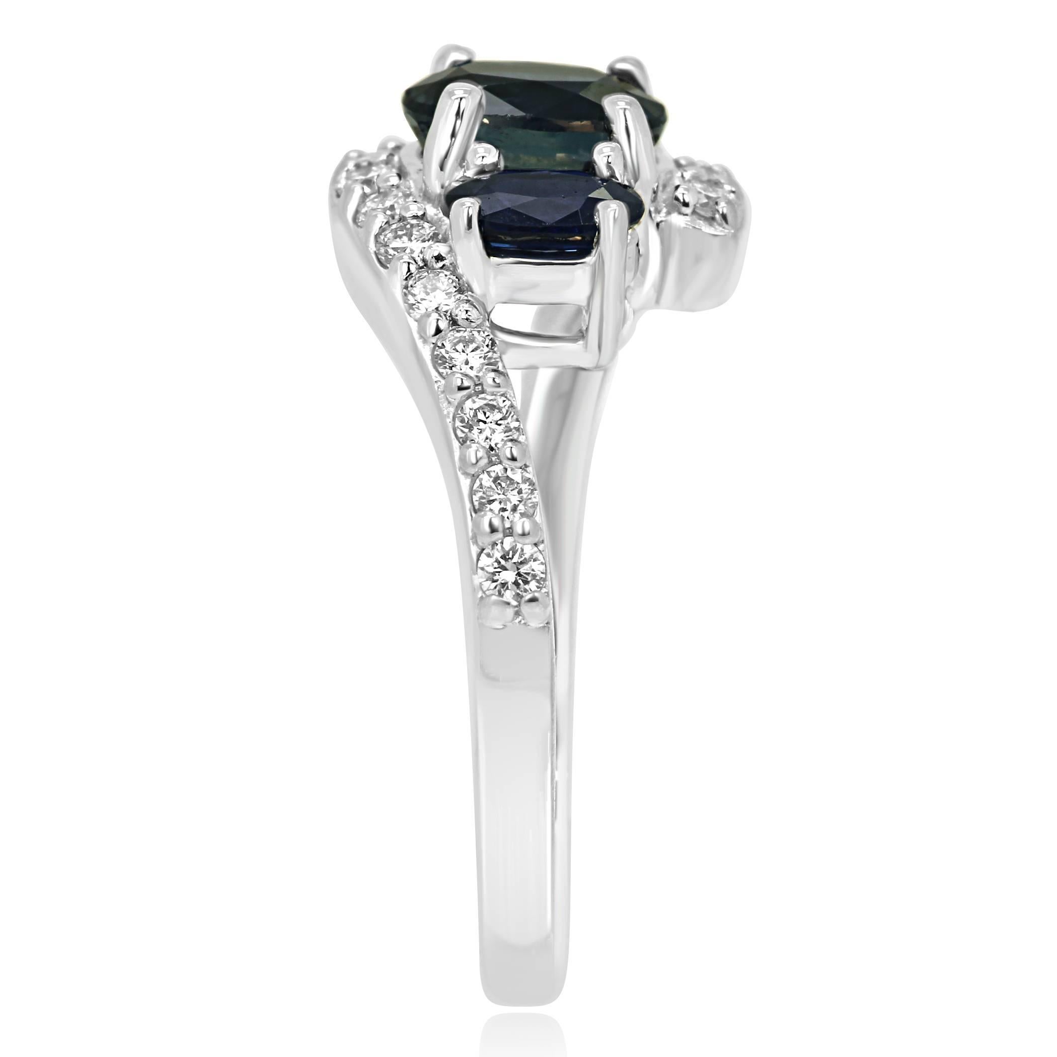 Oval Cut Blue Sapphire Diamond Three-Stone White Gold Fashion Cocktail Ring