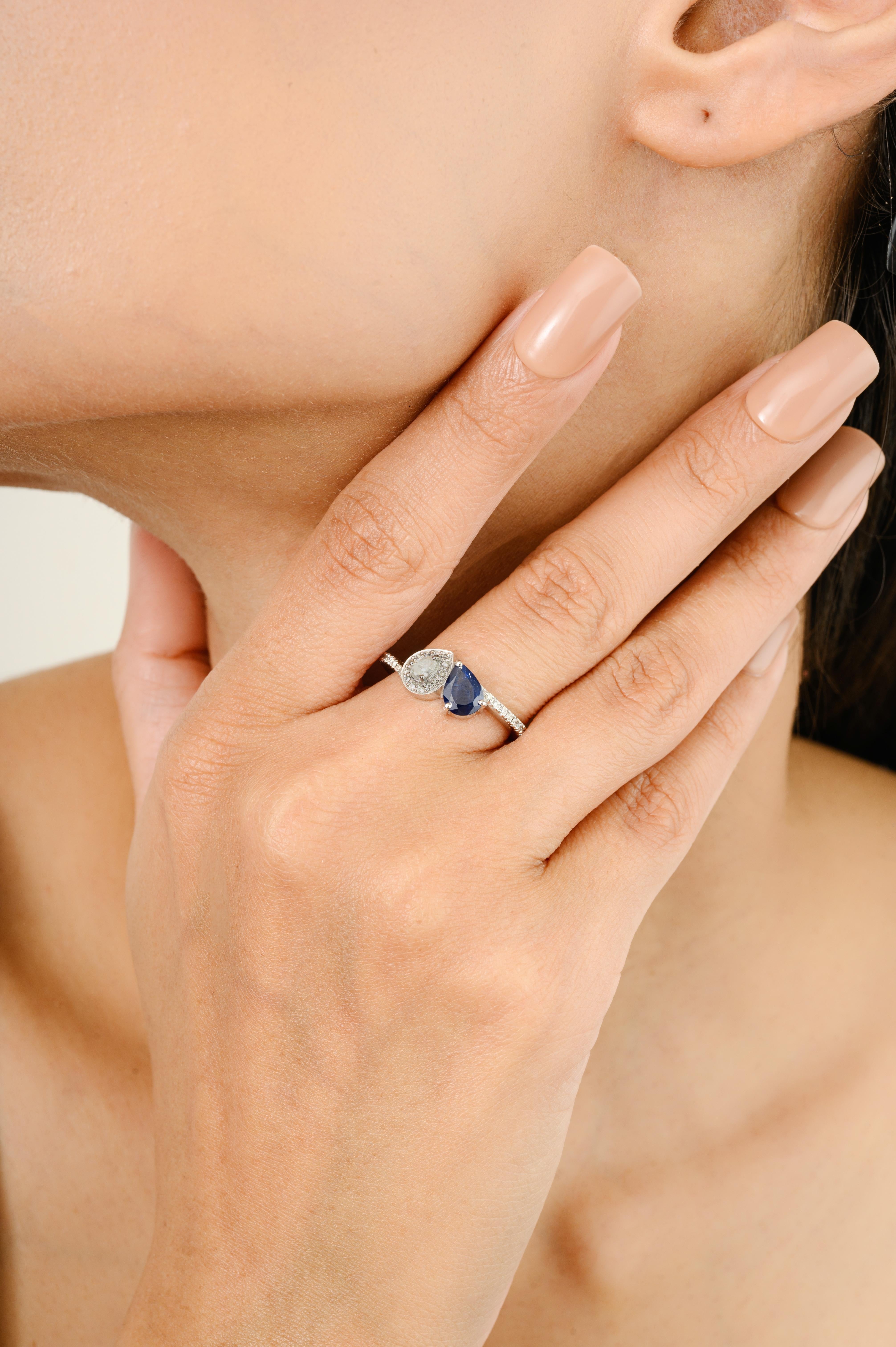 For Sale:  Blue Sapphire Diamond Toi et Moi Women Wedding Ring in 14k Solid White Gold 2