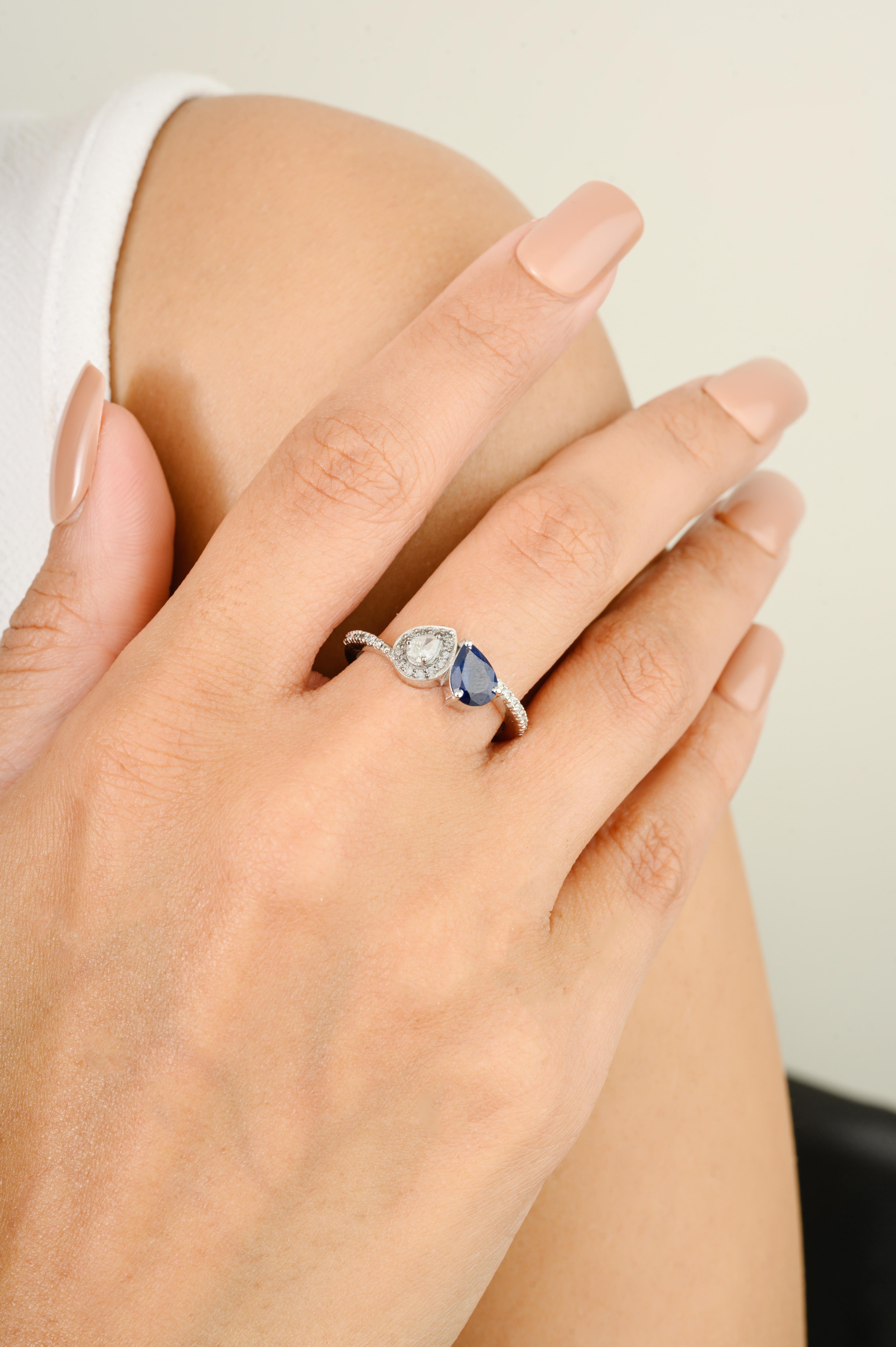 For Sale:  Blue Sapphire Diamond Toi et Moi Women Wedding Ring in 14k Solid White Gold 4