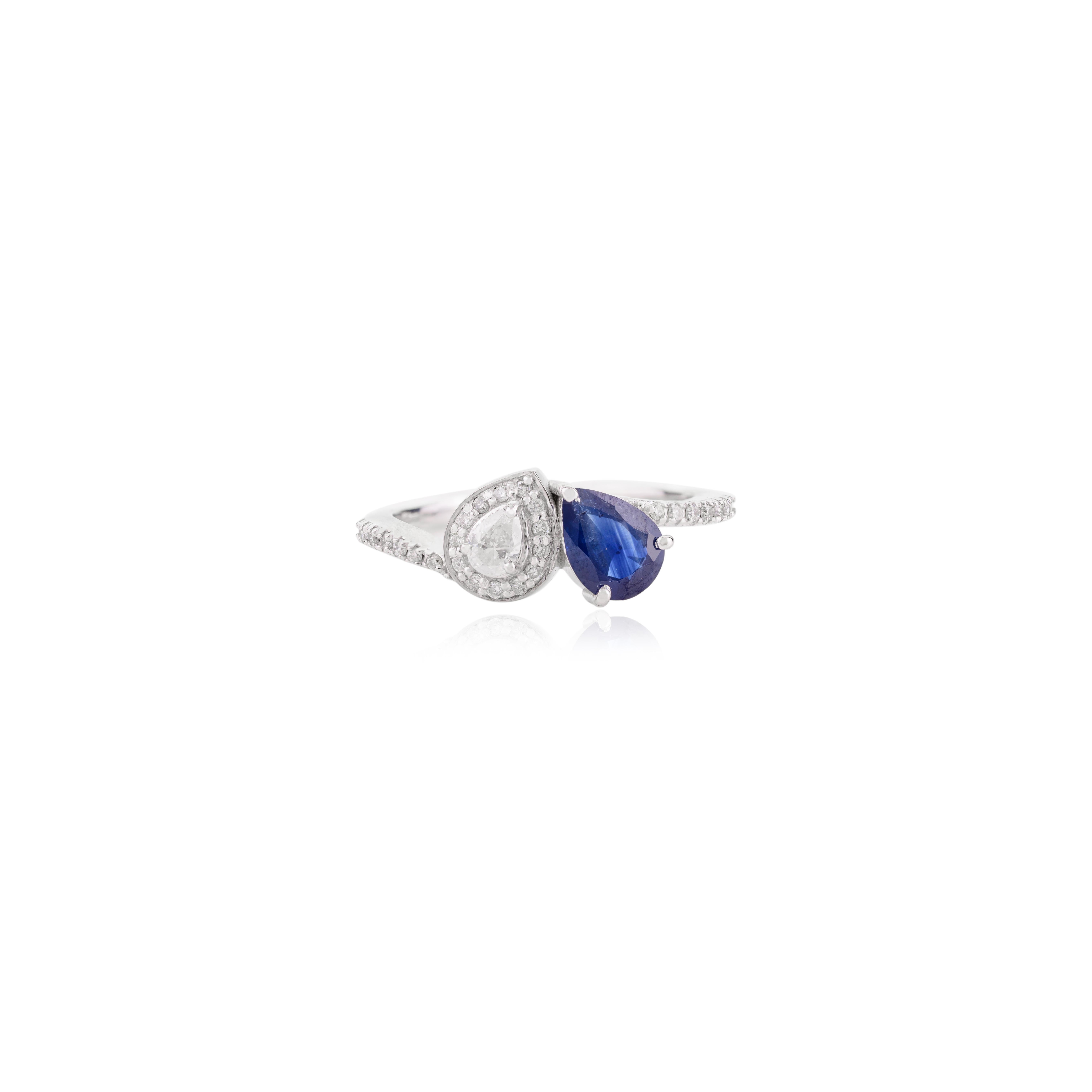 For Sale:  Blue Sapphire Diamond Toi et Moi Women Wedding Ring in 14k Solid White Gold 8